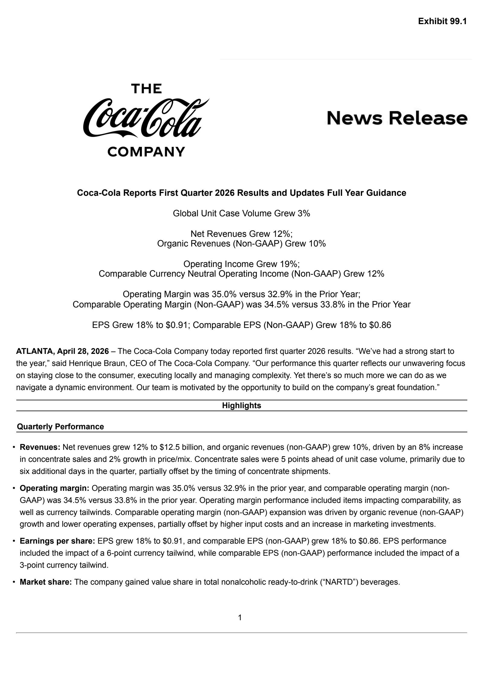 A document titled "Coca-Cola Reports First Quarter 2026 Results and Updates Full Year Guidance" with financial highlights and remarks from CEO Henrique Braun, including growth perc