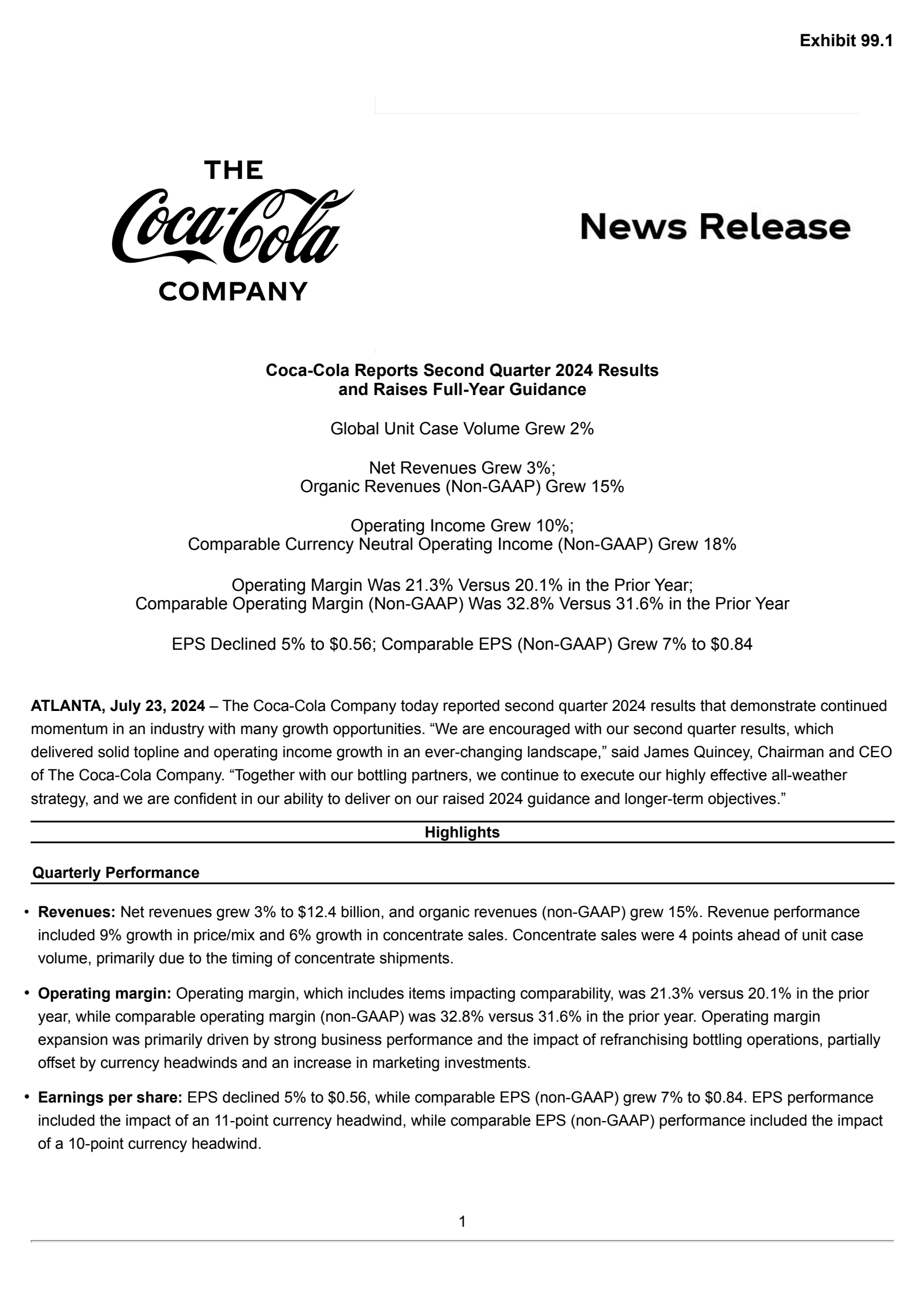 Coca-Cola's Q2 2024 Press Release