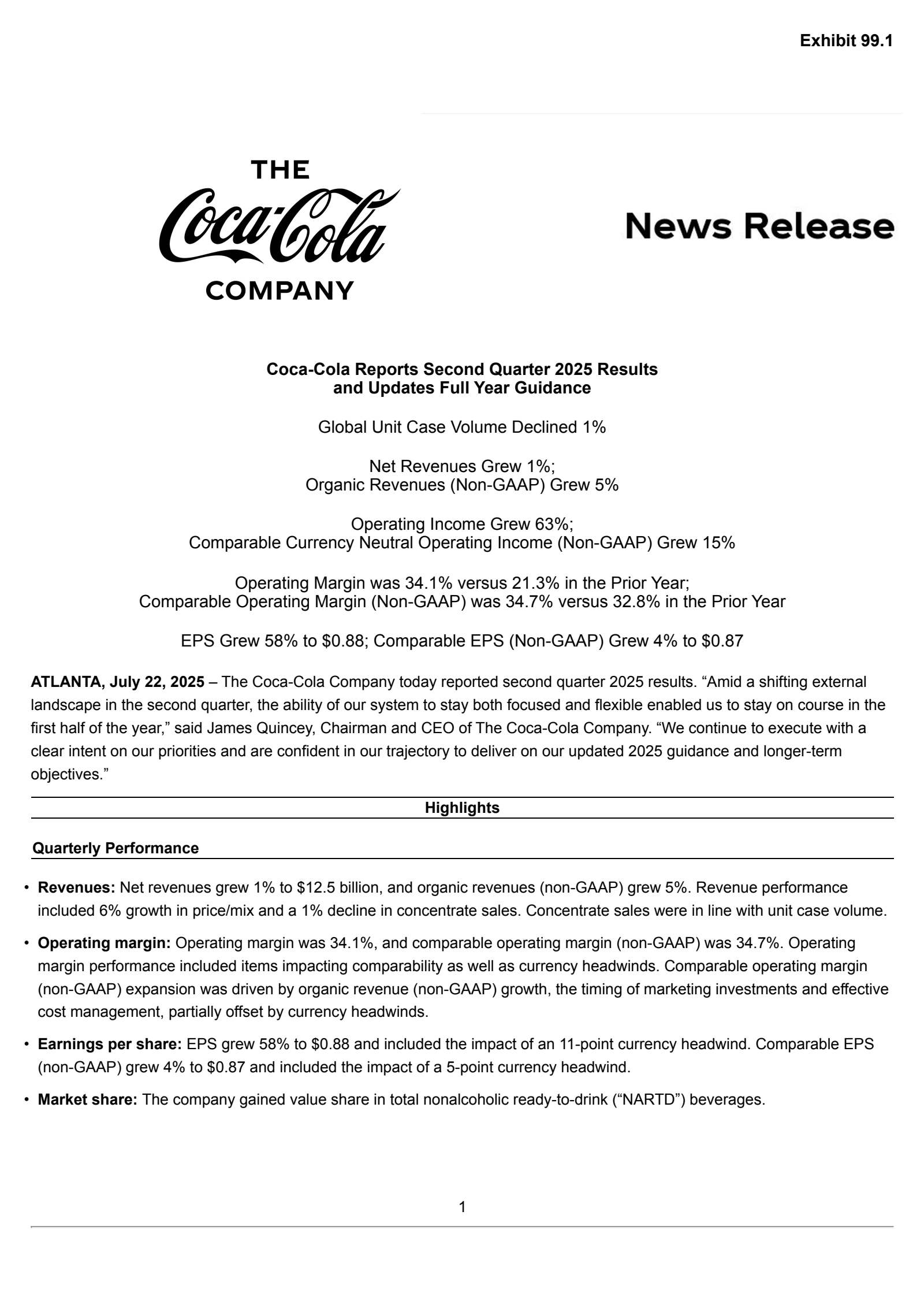 CocaCola's Q2 2025 Press Release