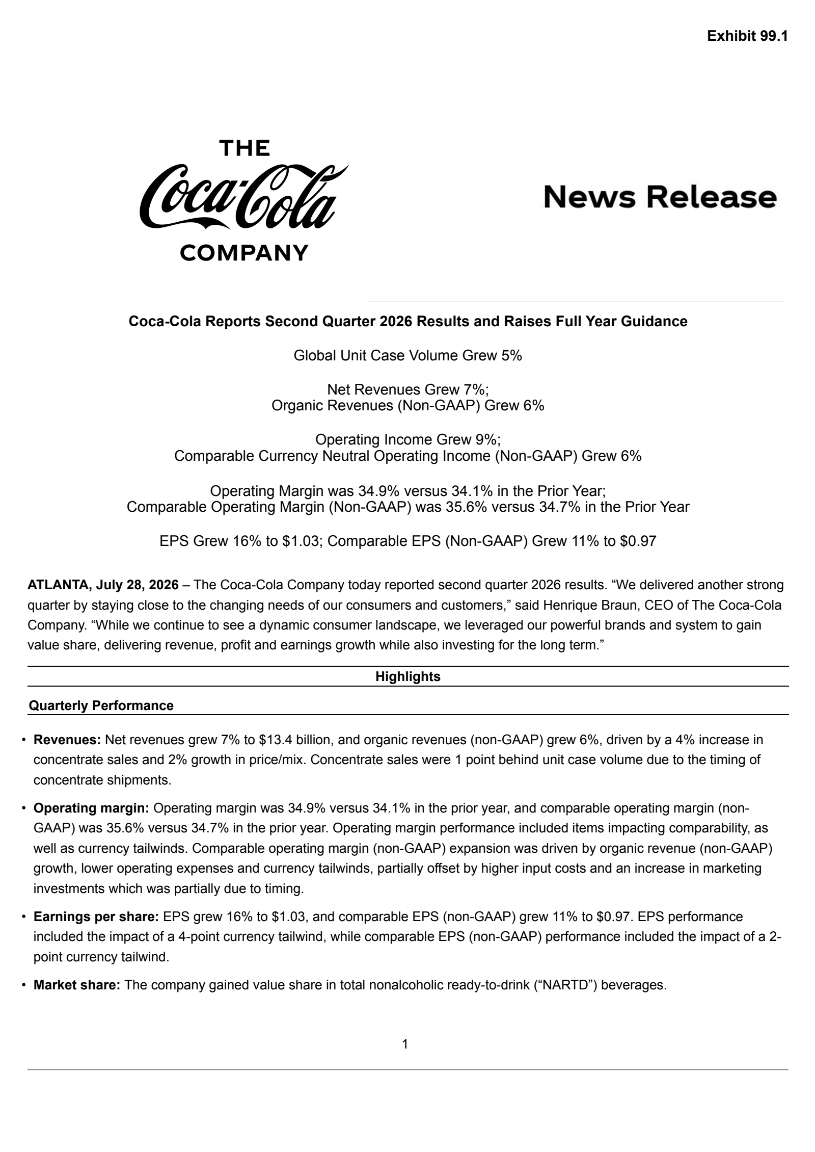 CocaCola's Q2 2026 Press Release