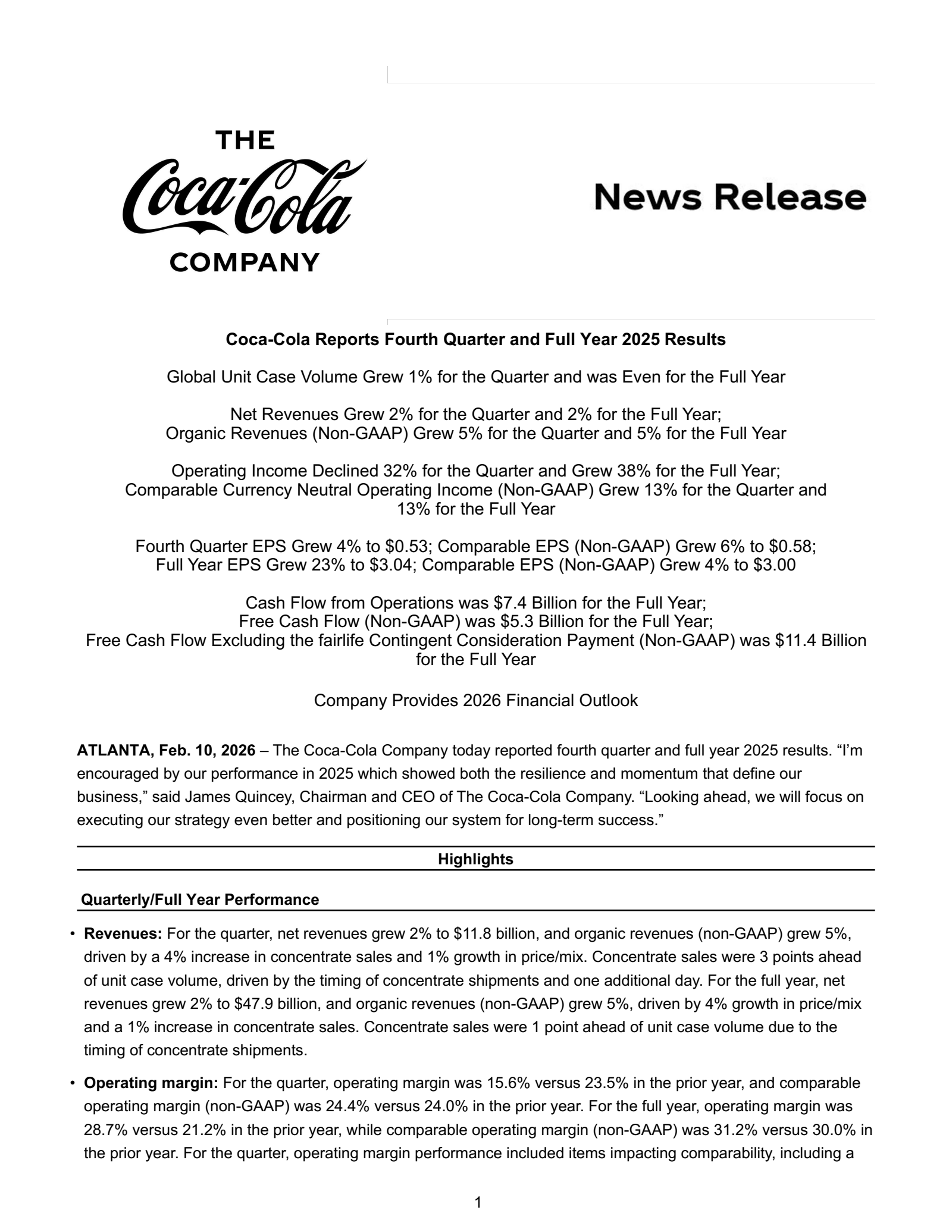 CocaCola's Q4 2025 Press Release