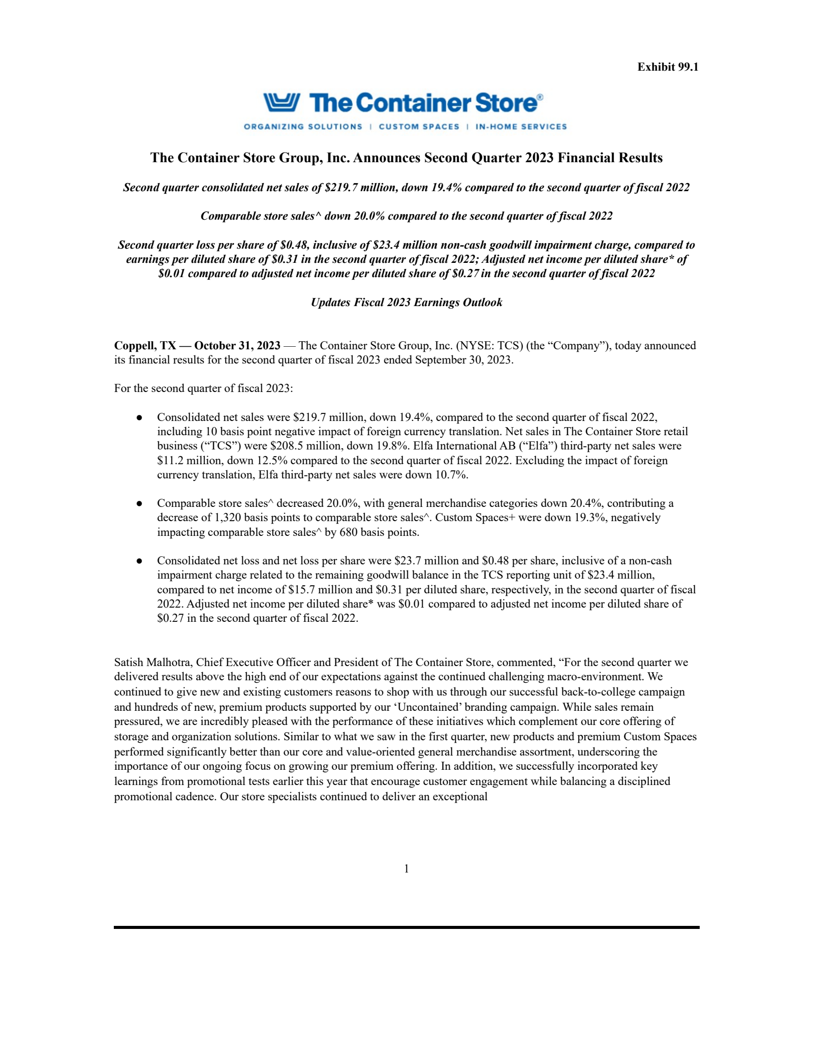 The Container Store Group's Q2 2024 Press Release