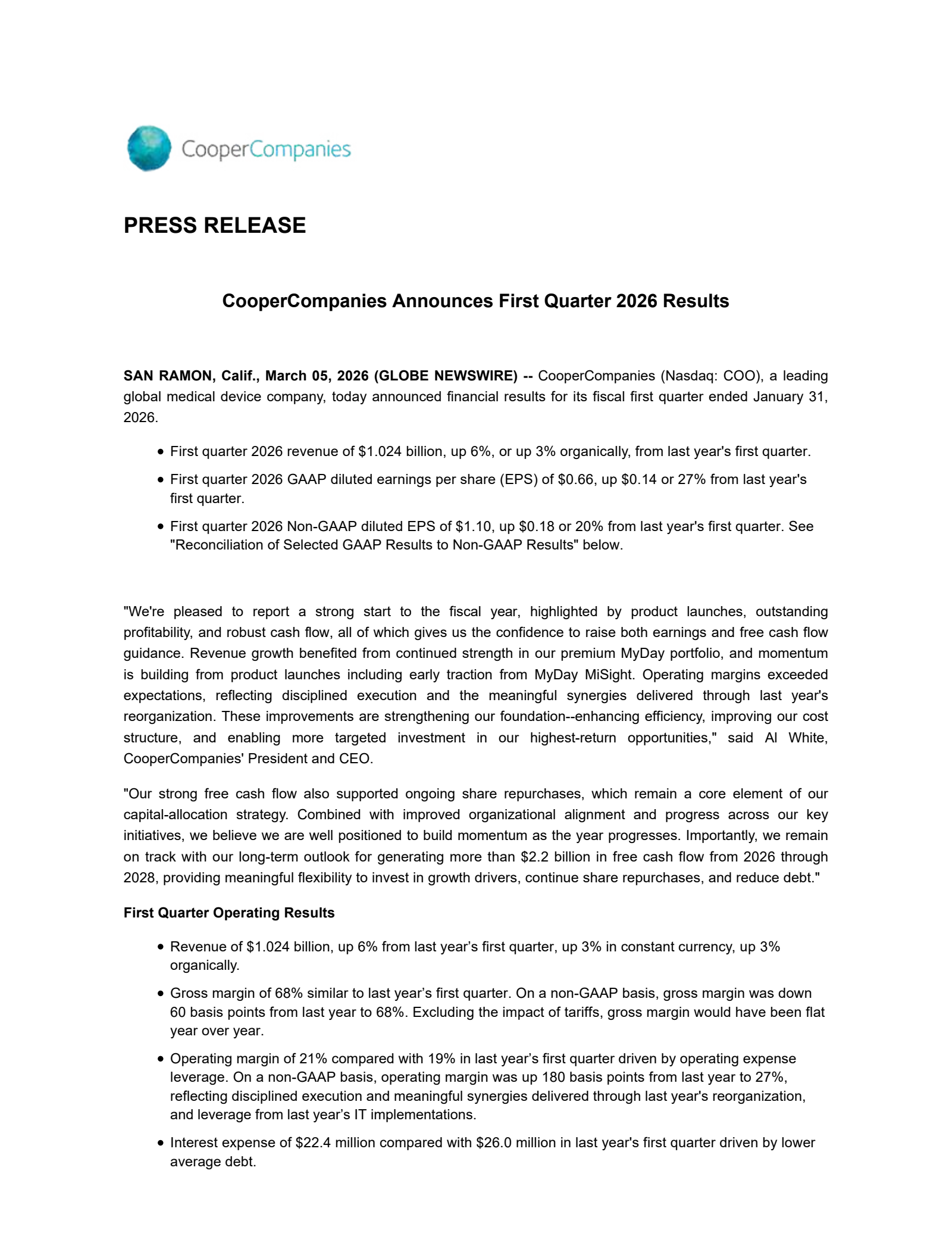 Cooper Companies' Q1 2026 Press Release