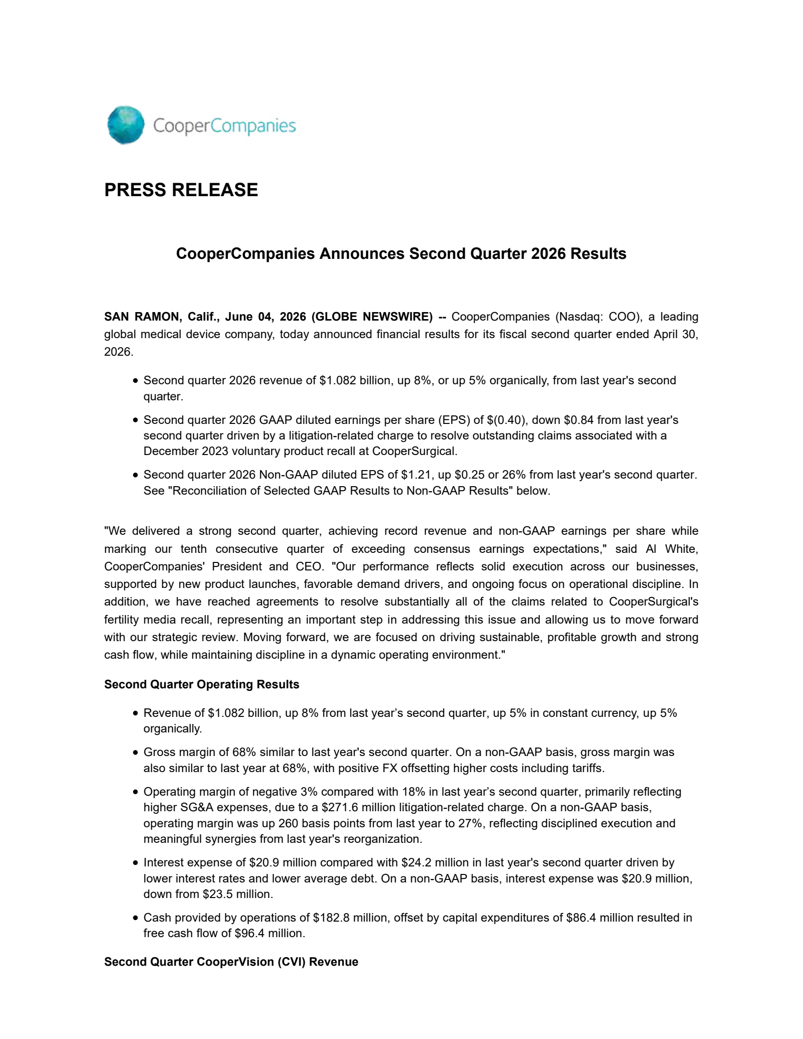Cooper Companies' Q2 2026 Press Release