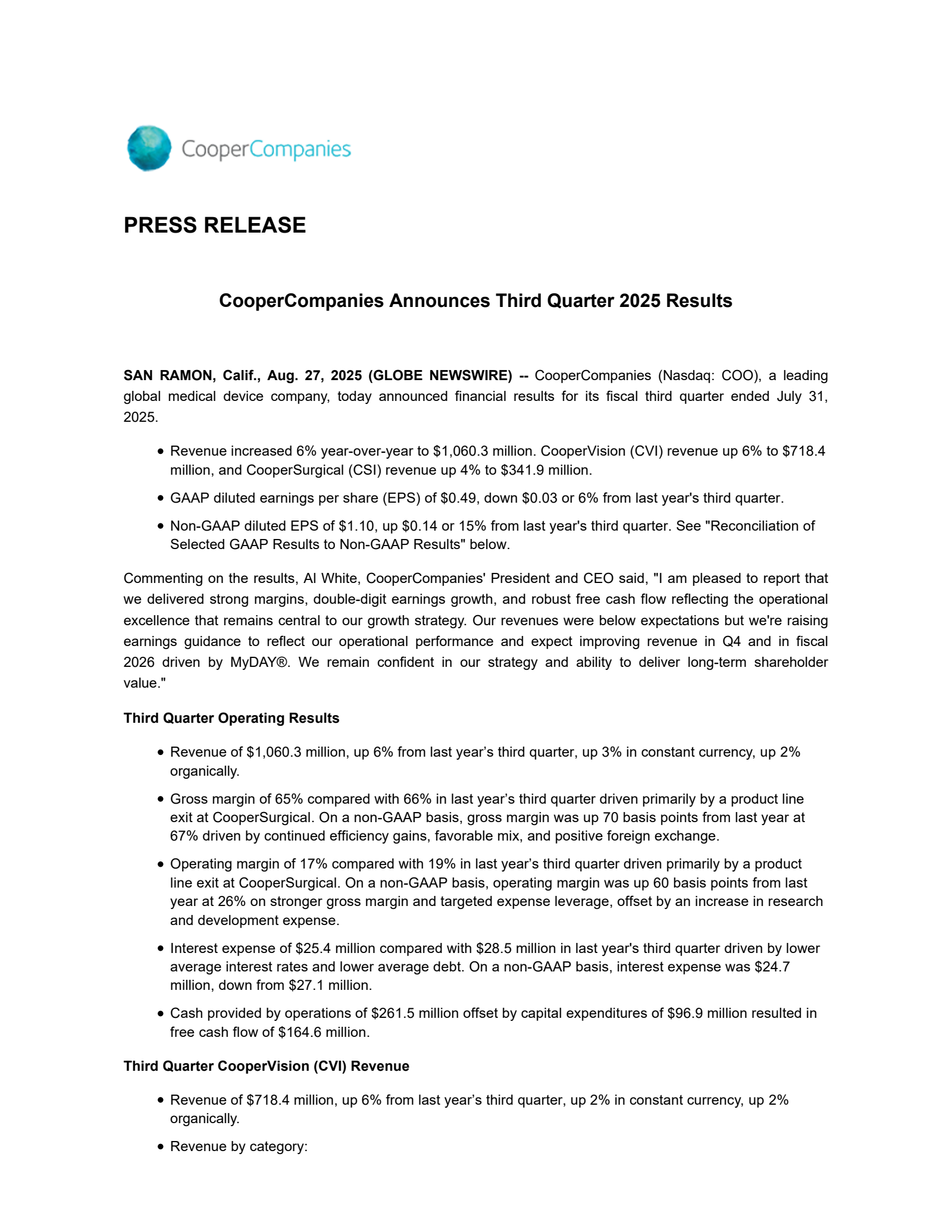 Cooper Companies' Q3 2025 Press Release
