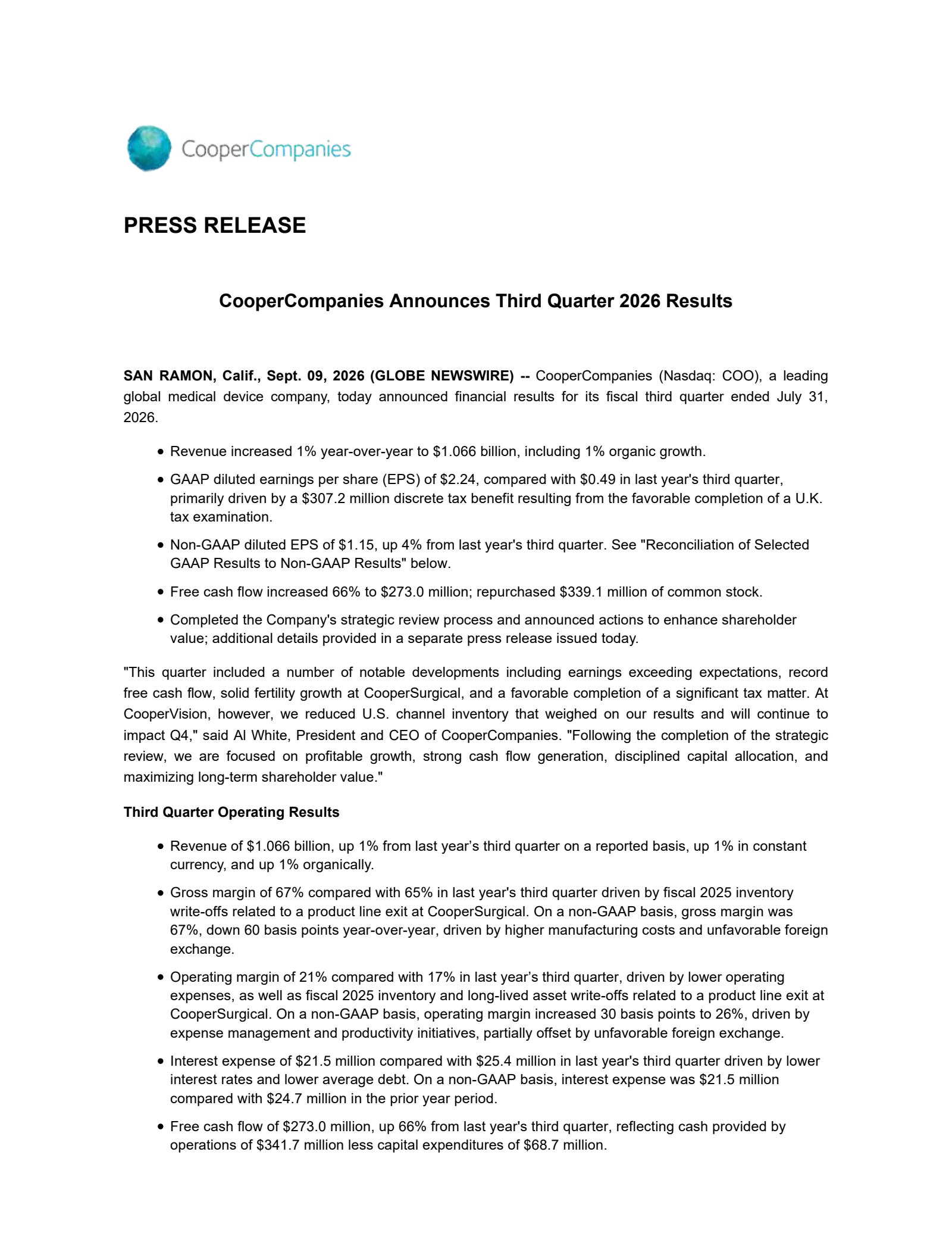 Cooper Companies' Q3 2026 Press Release