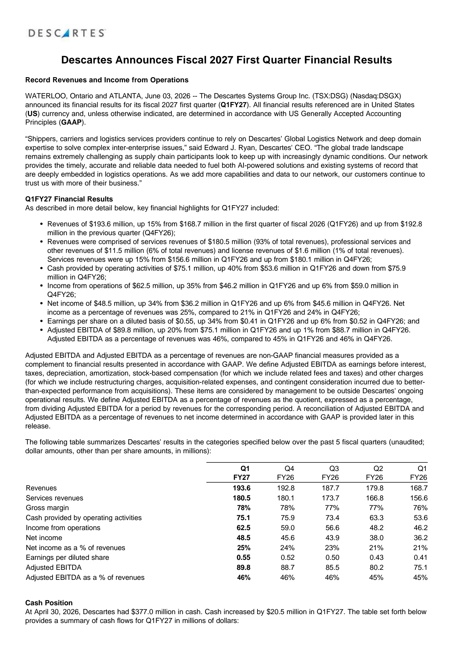 The Descartes Systems Group's Q1 2027 Press Release