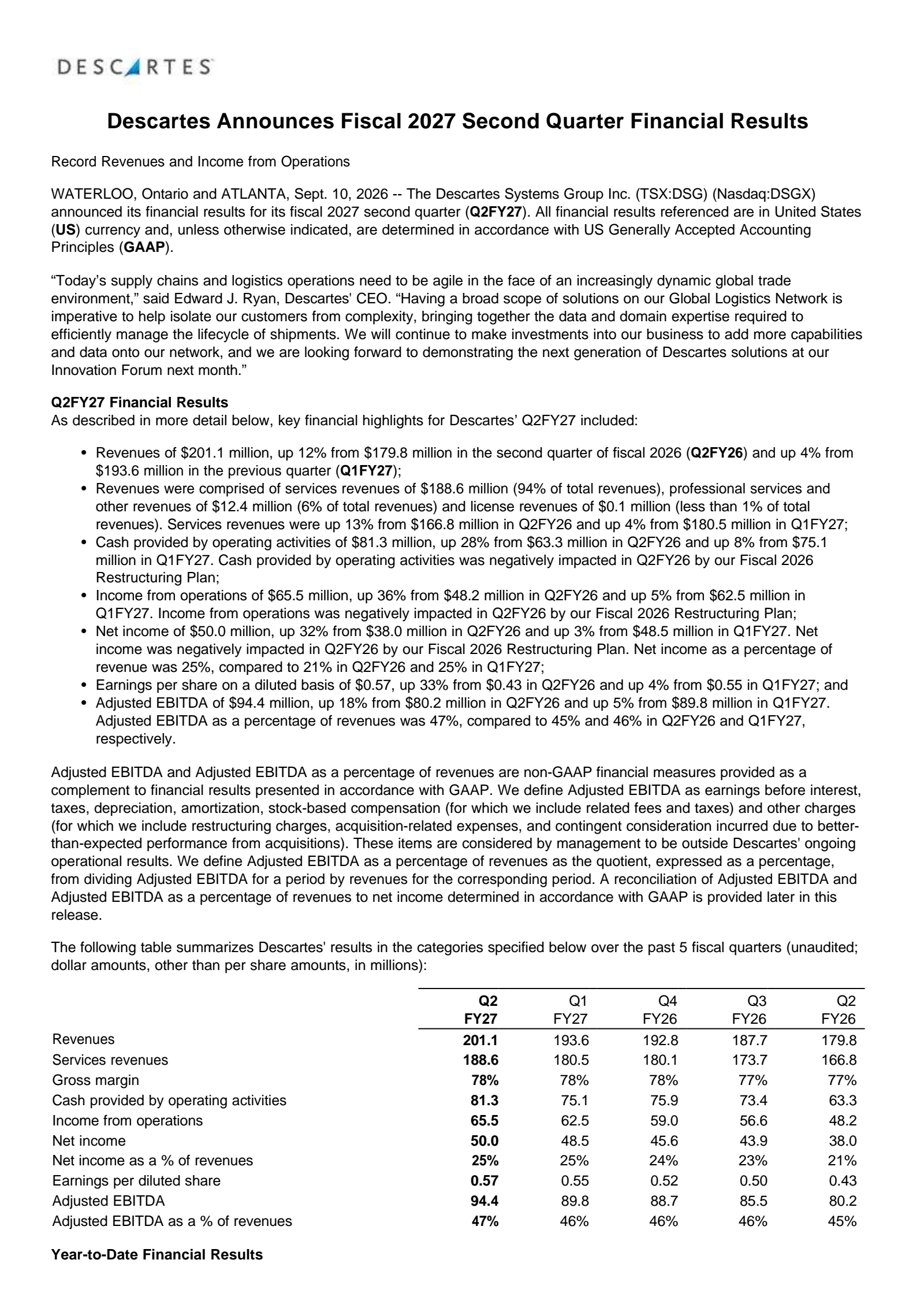 The Descartes Systems Group's Q2 2027 Press Release