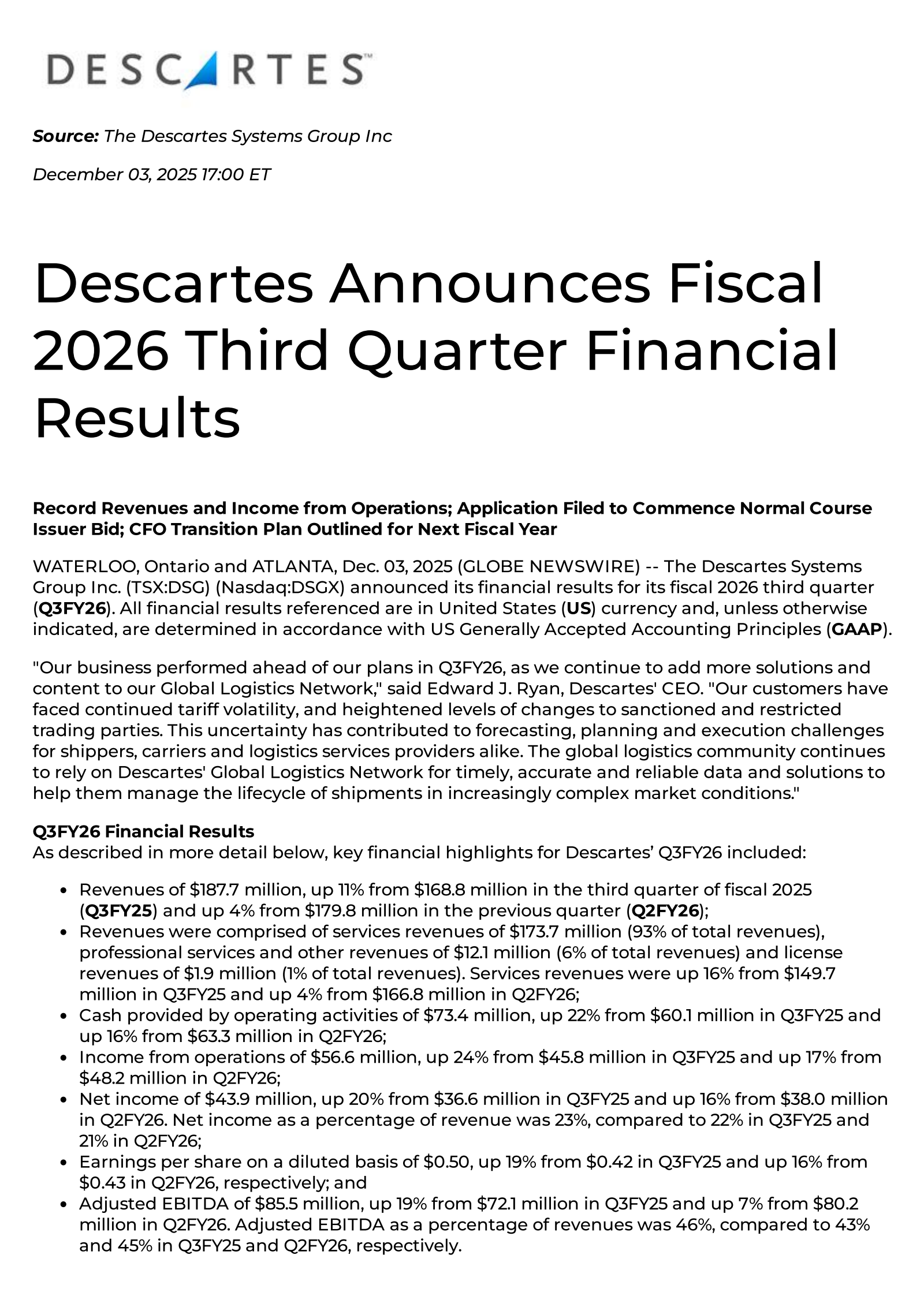The Descartes Systems Group's Q3 2026 Earnings Release