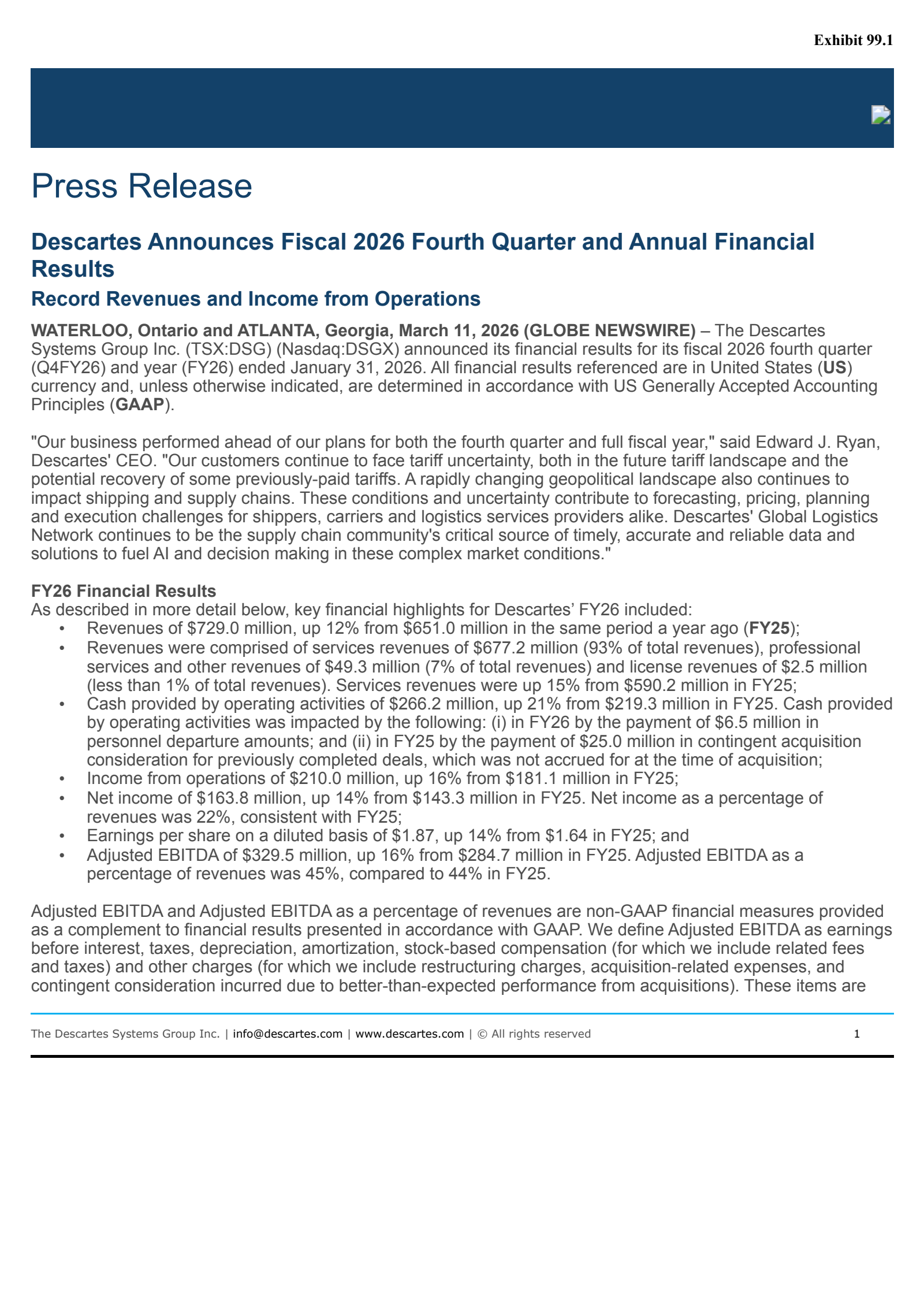 The Descartes Systems Group's Q4 2026 Press Release