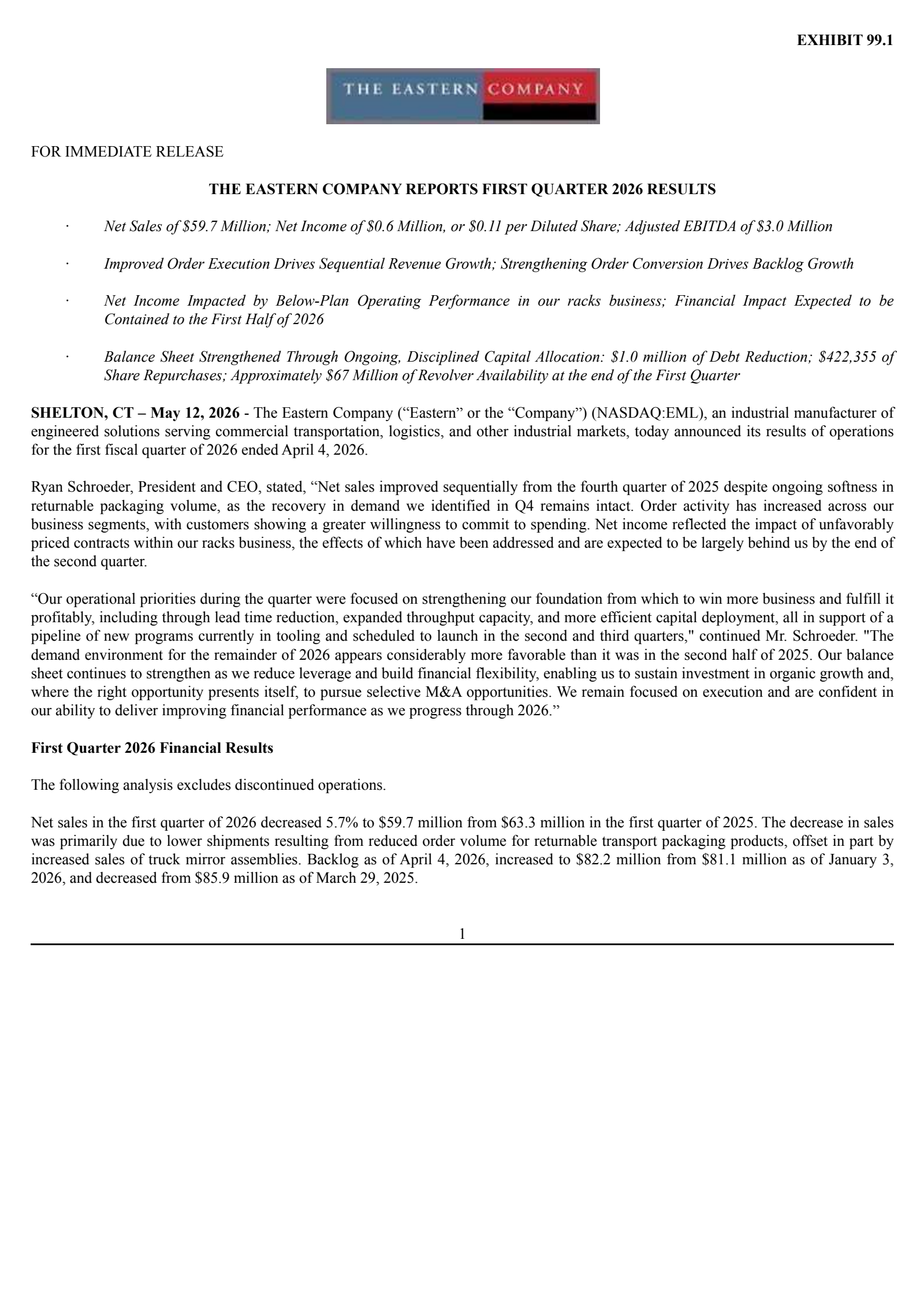 Eastern's Q1 2026 Press Release