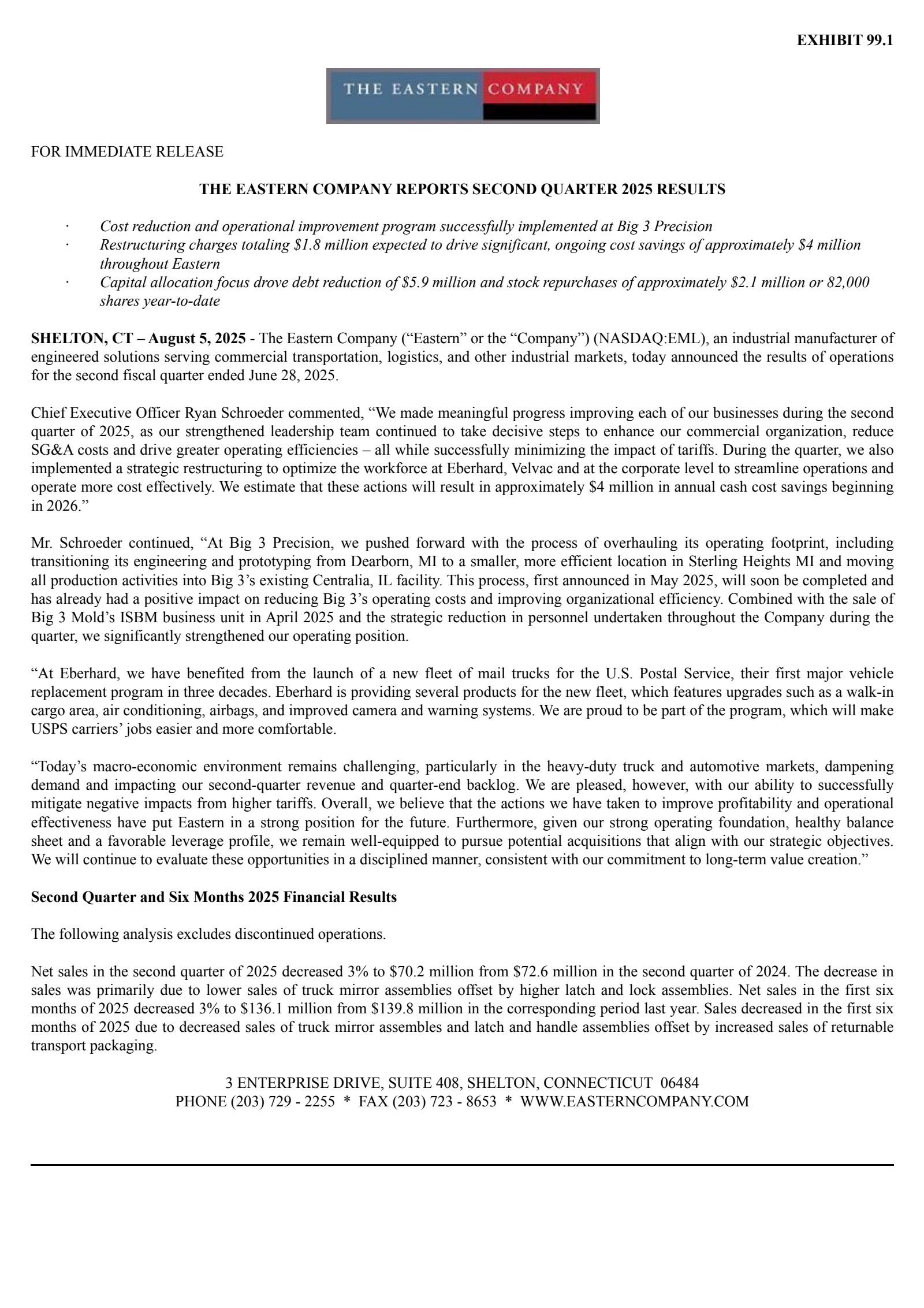 Eastern's Q2 2025 Press Release