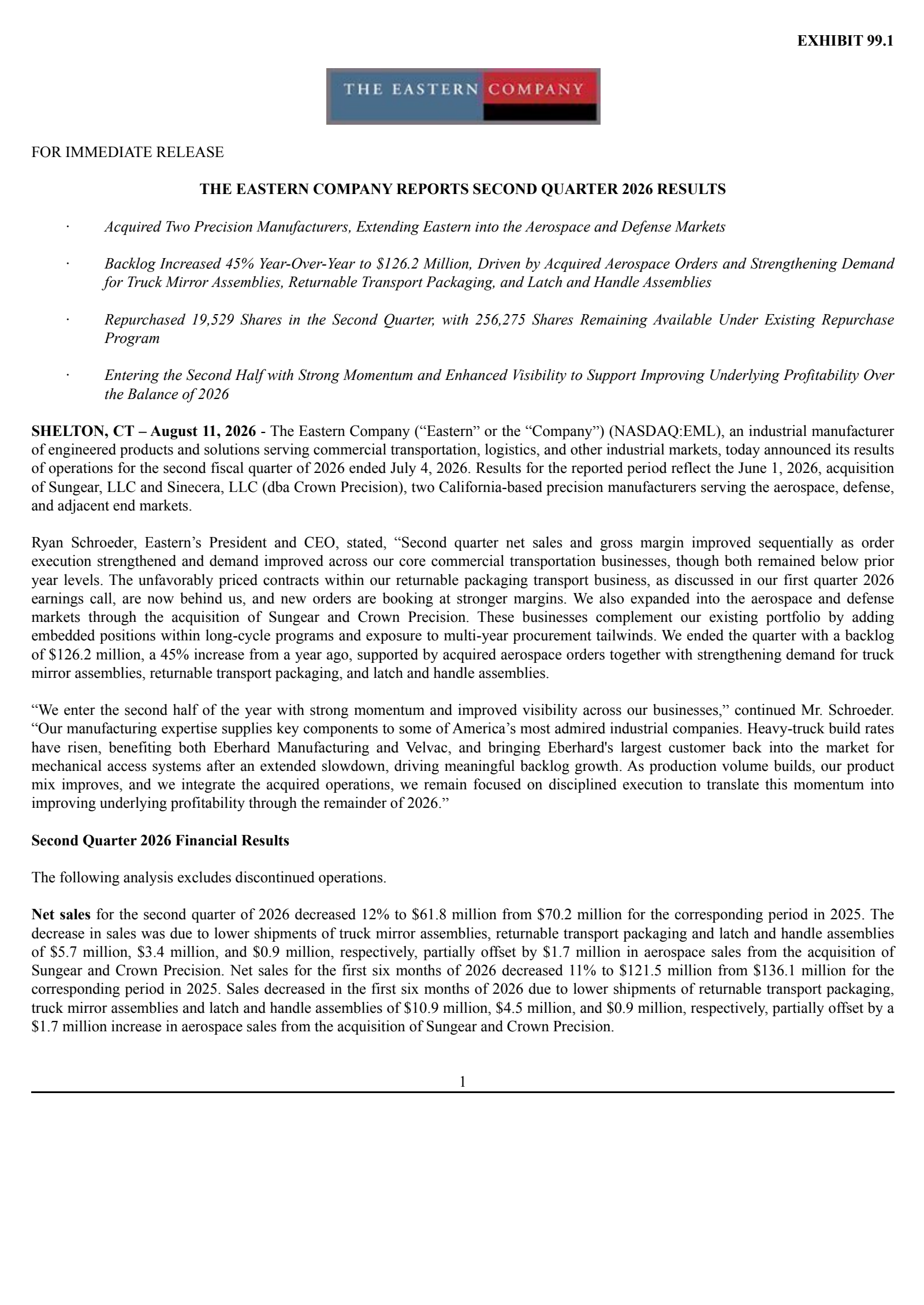Eastern's Q2 2026 Press Release