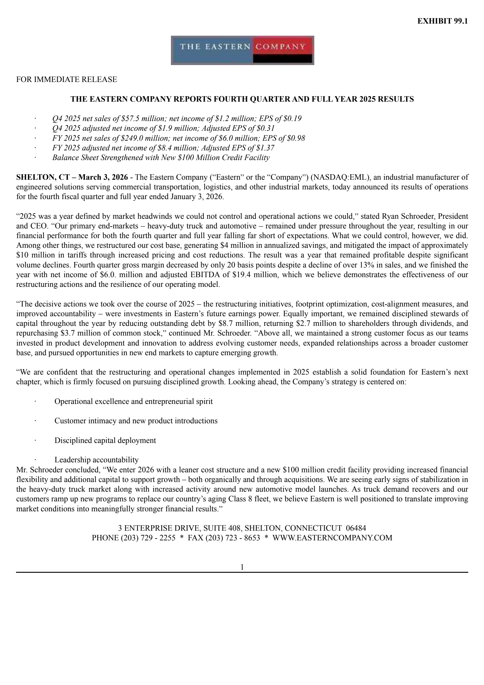 Eastern's Q4 2025 Press Release