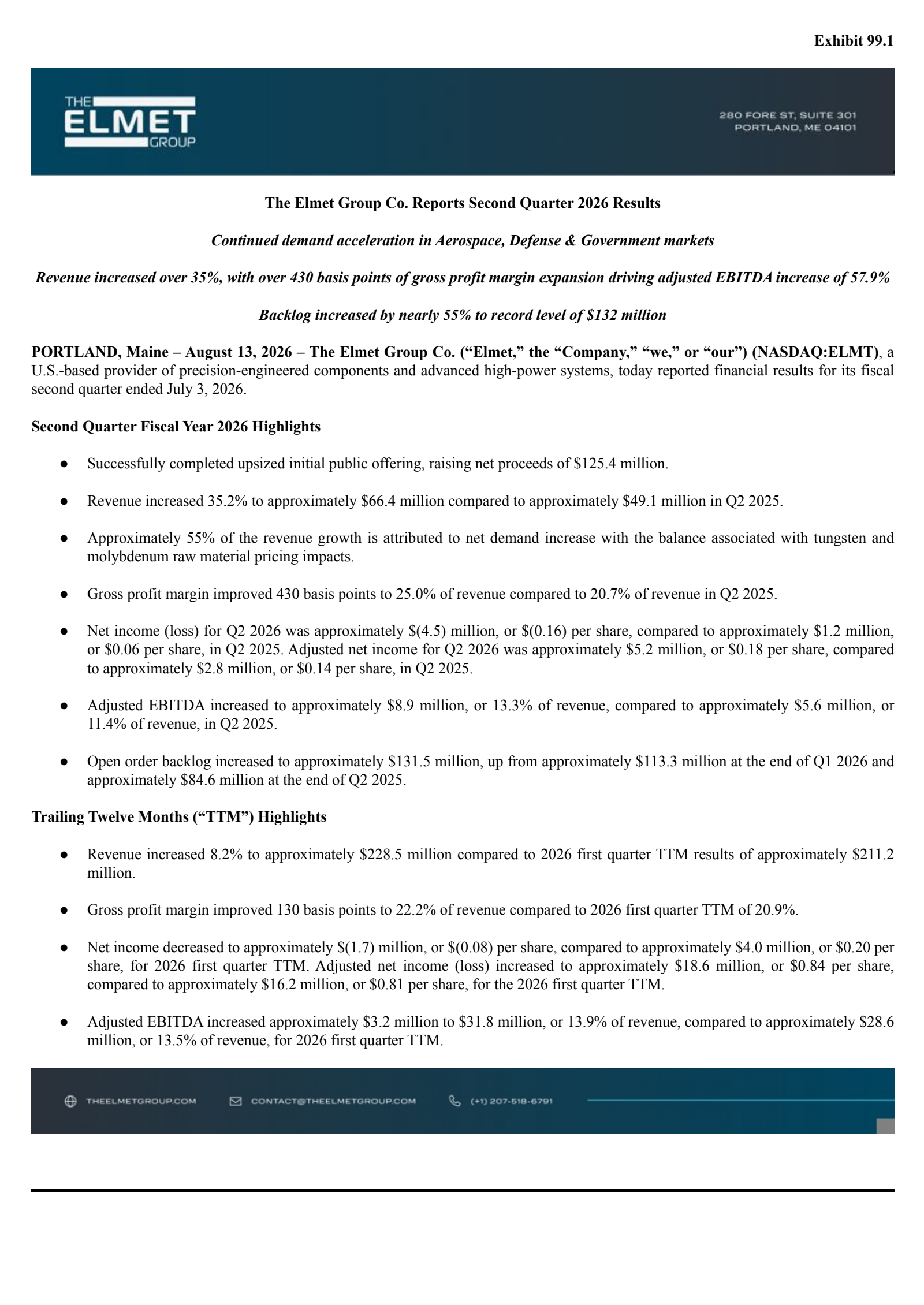 Elmet Group's Q2 2026 Press Release