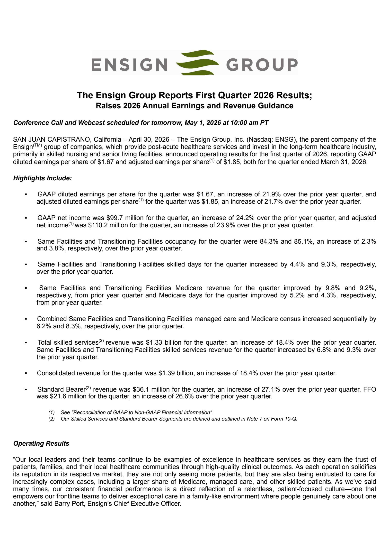 The Ensign Group's Q1 2026 Press Release