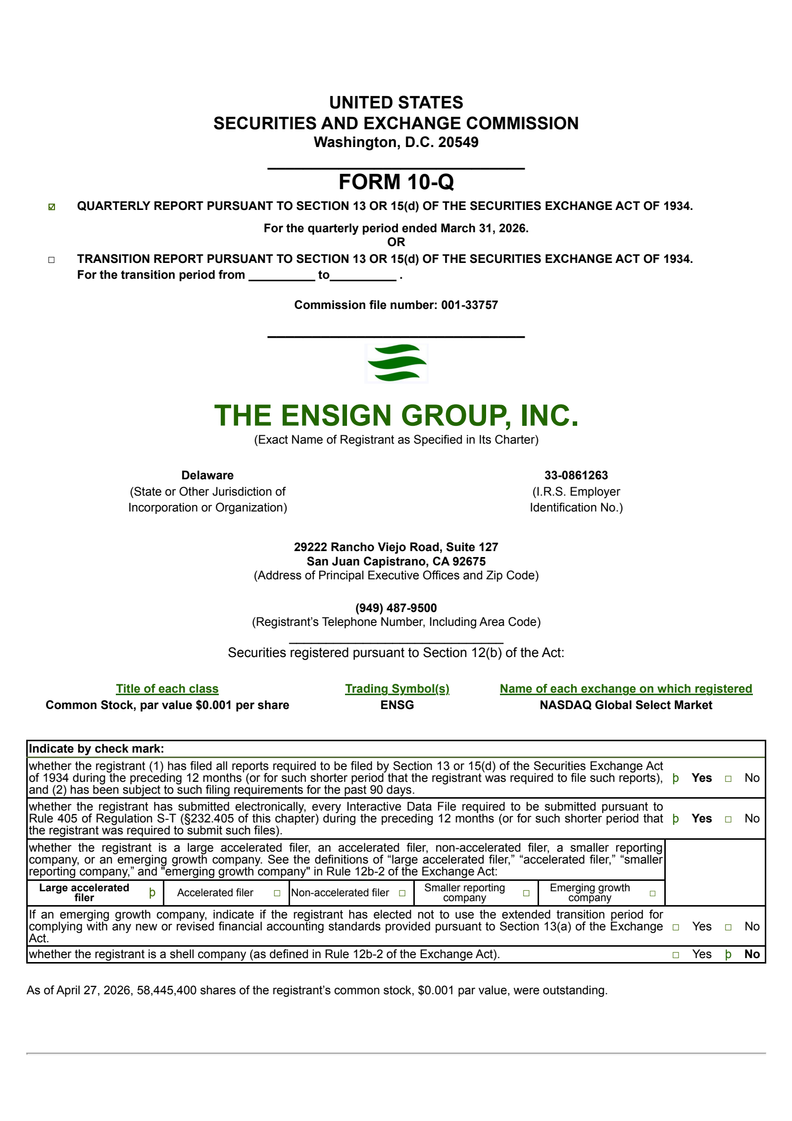 The Ensign Group's Q1 2026 Quarterly report