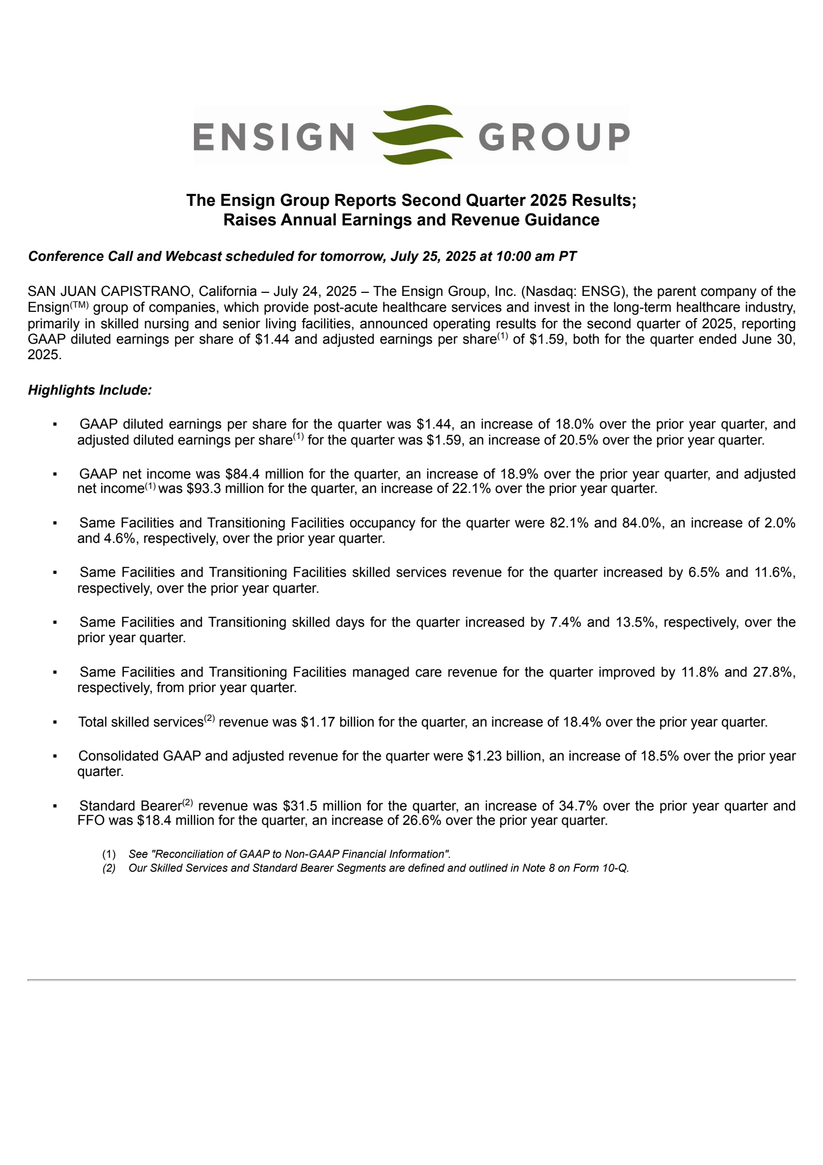 The Ensign Group's Q2 2025 Press Release