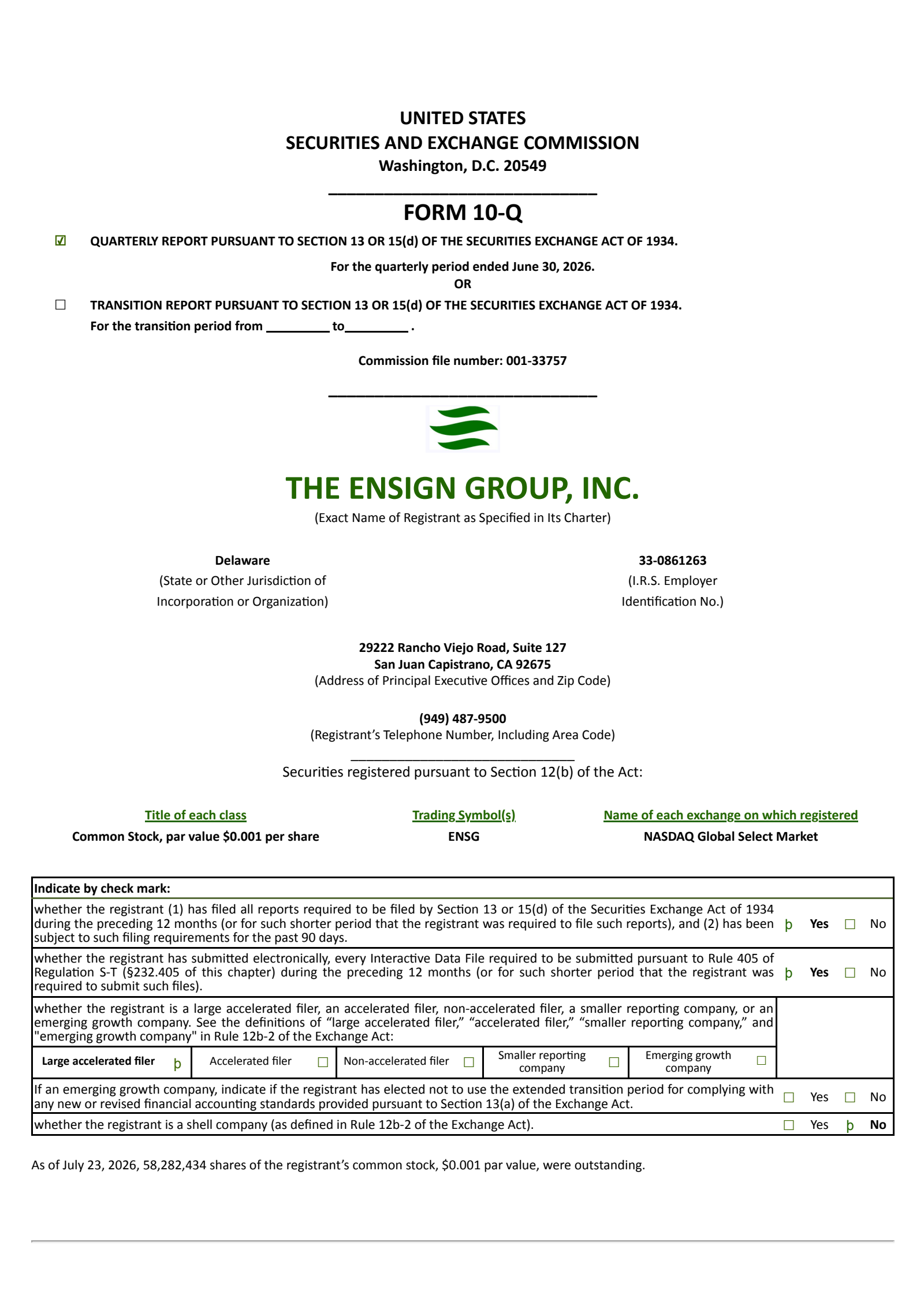 The Ensign Group's Q2 2026 Quarterly report