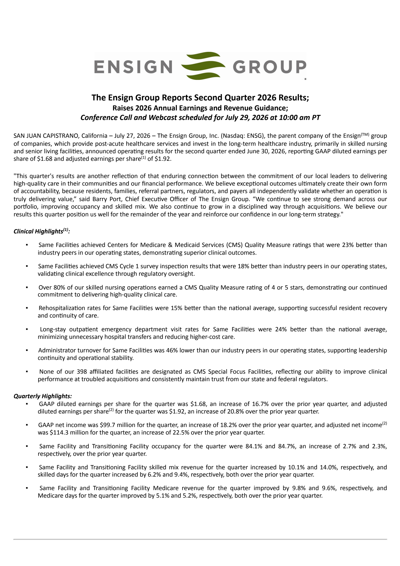 The Ensign Group's Q2 2026 Press Release