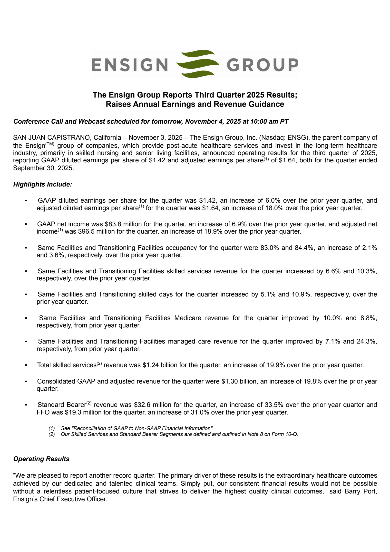 The Ensign Group's Q3 2025 Earnings Release