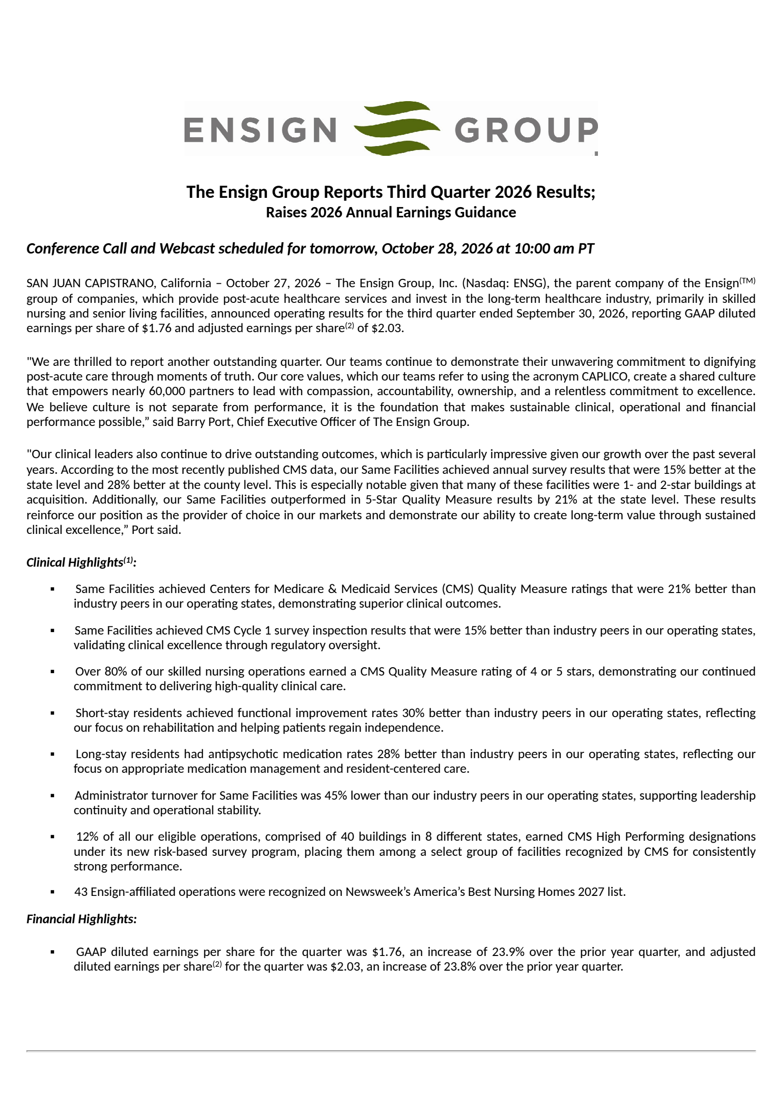 The Ensign Group's Q3 2026 Press Release