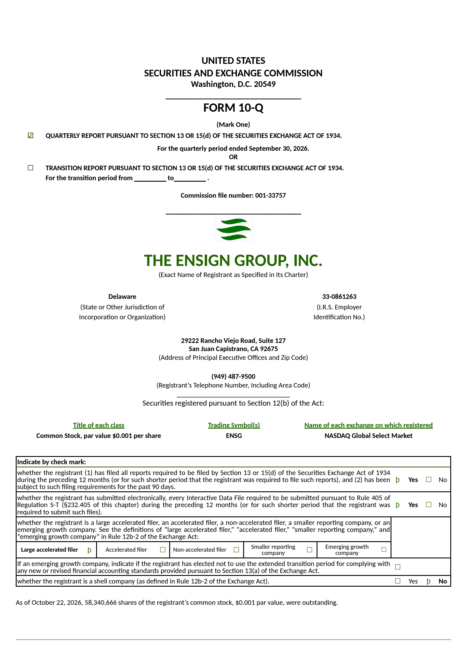 The Ensign Group's Q3 2026 Quarterly report