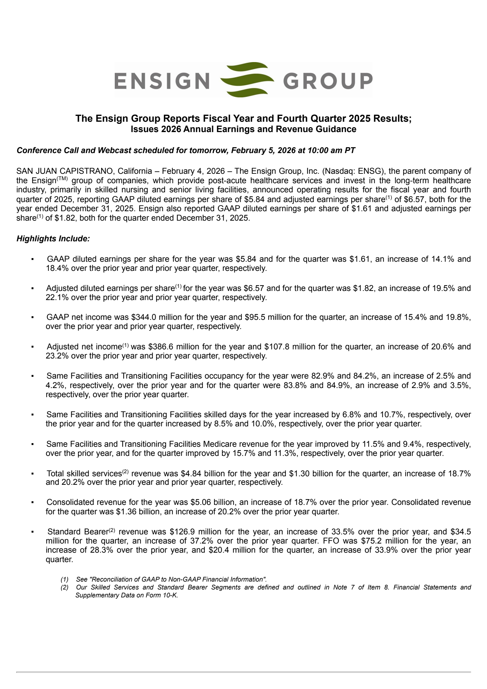 The Ensign Group's Q4 2025 Press Release