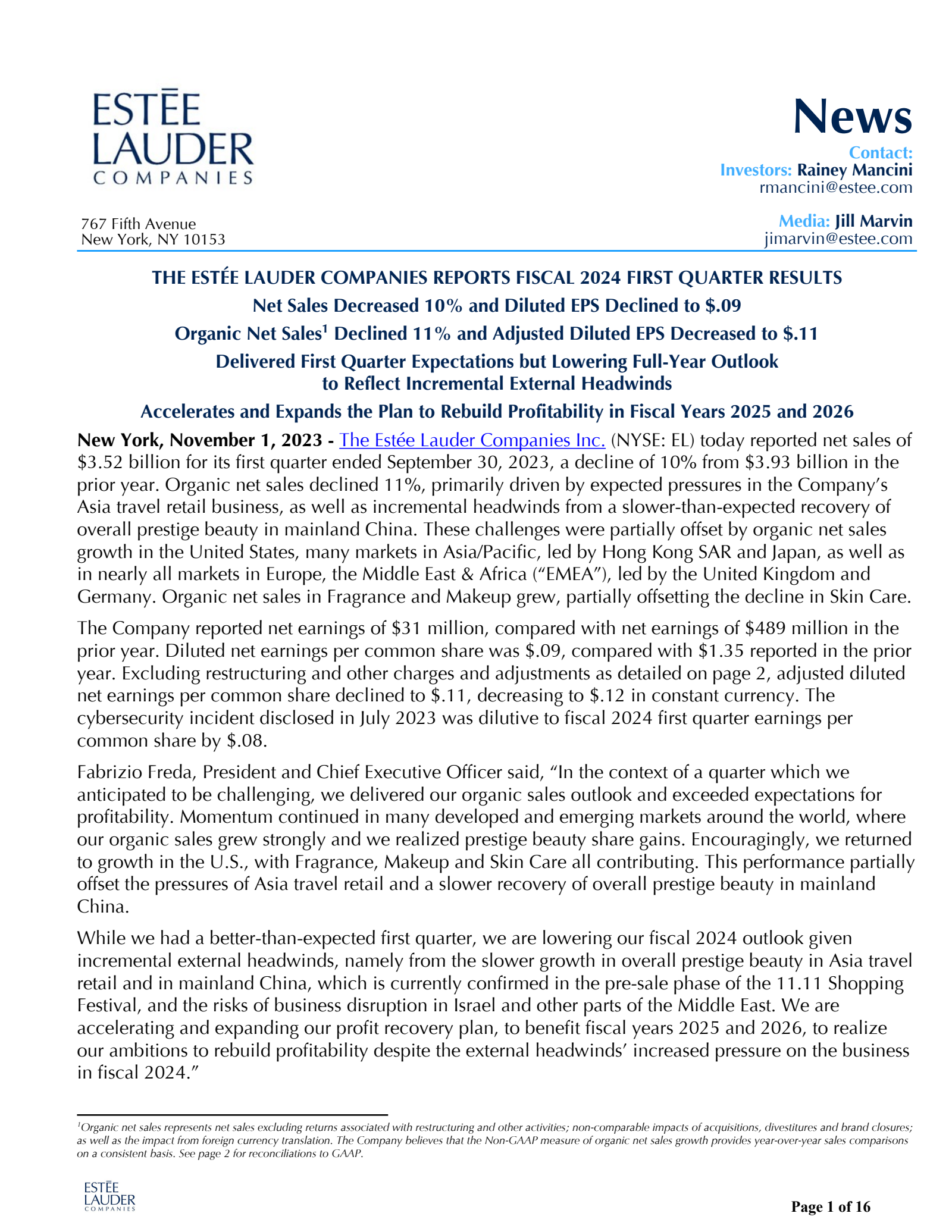 Estée Lauder Companies' Q1 2024 Press Release