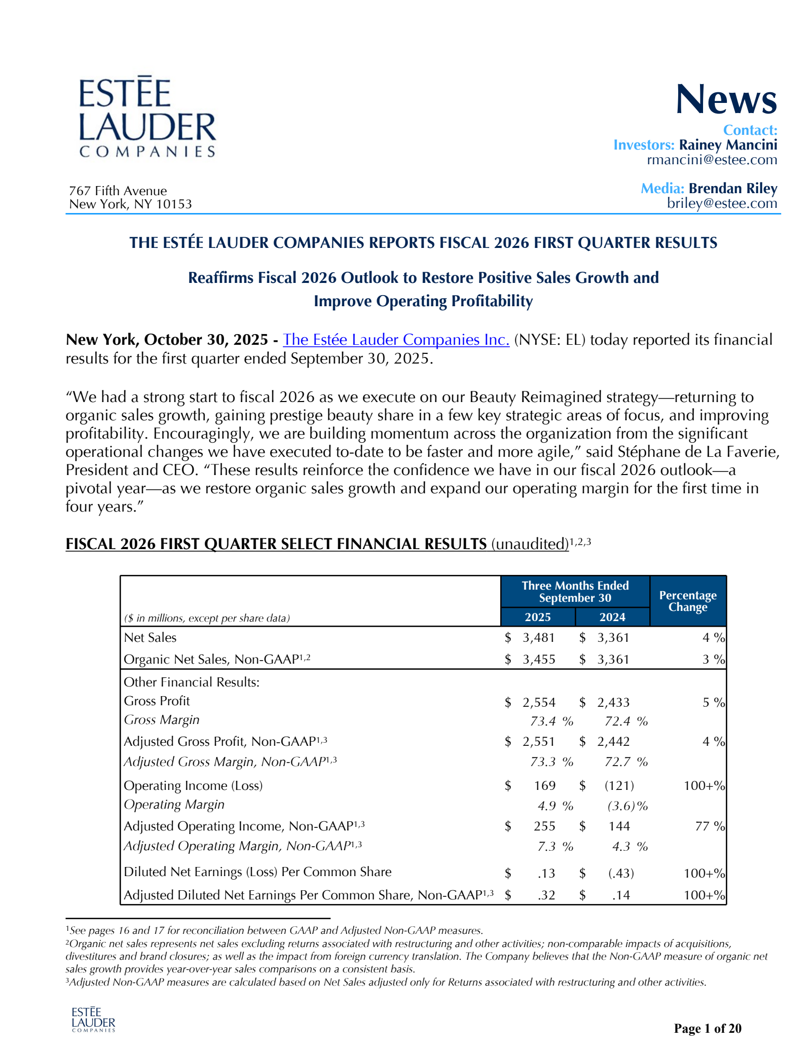 Estee Lauder Companies' Q1 2026 Earnings Release