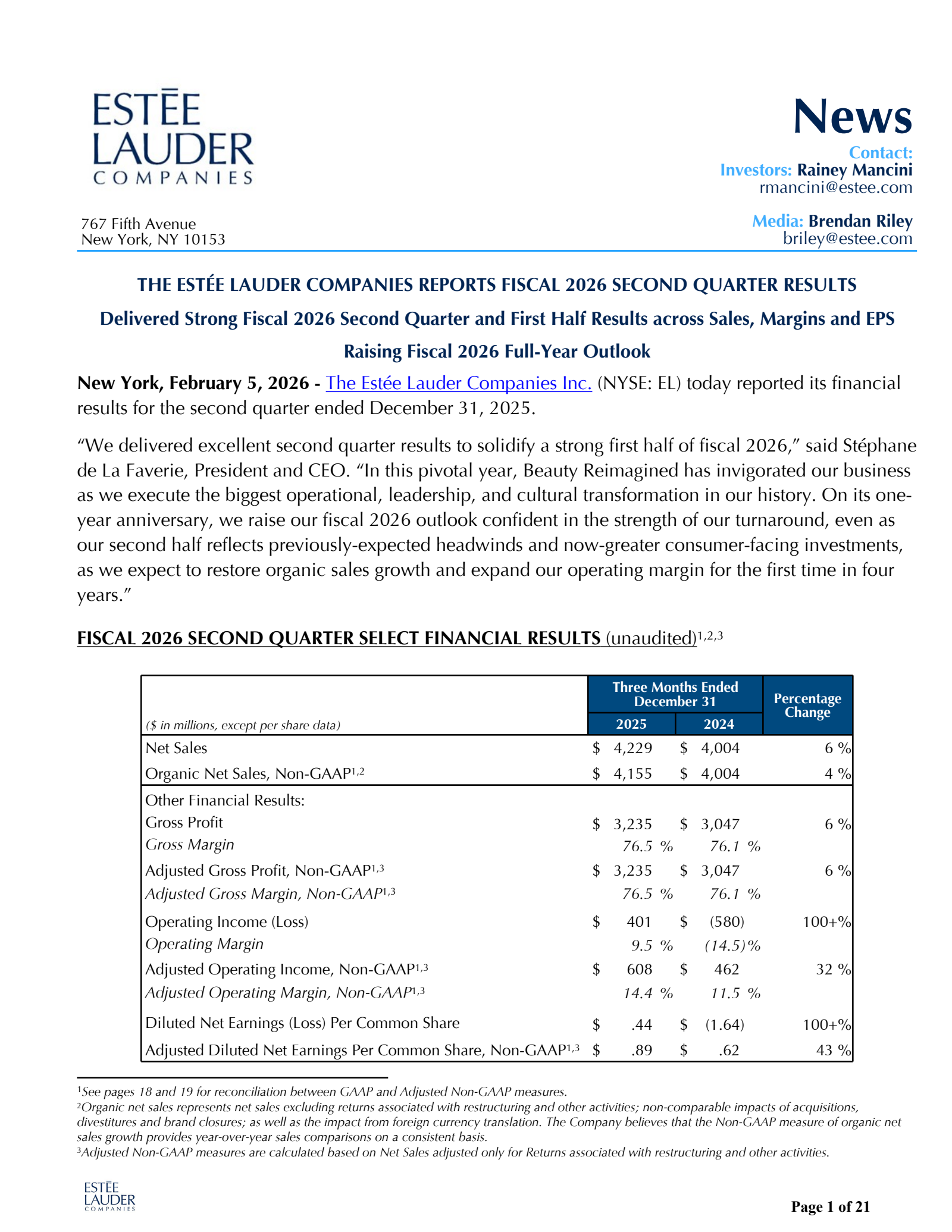 Estee Lauder Companies' Q2 2026 Press Release
