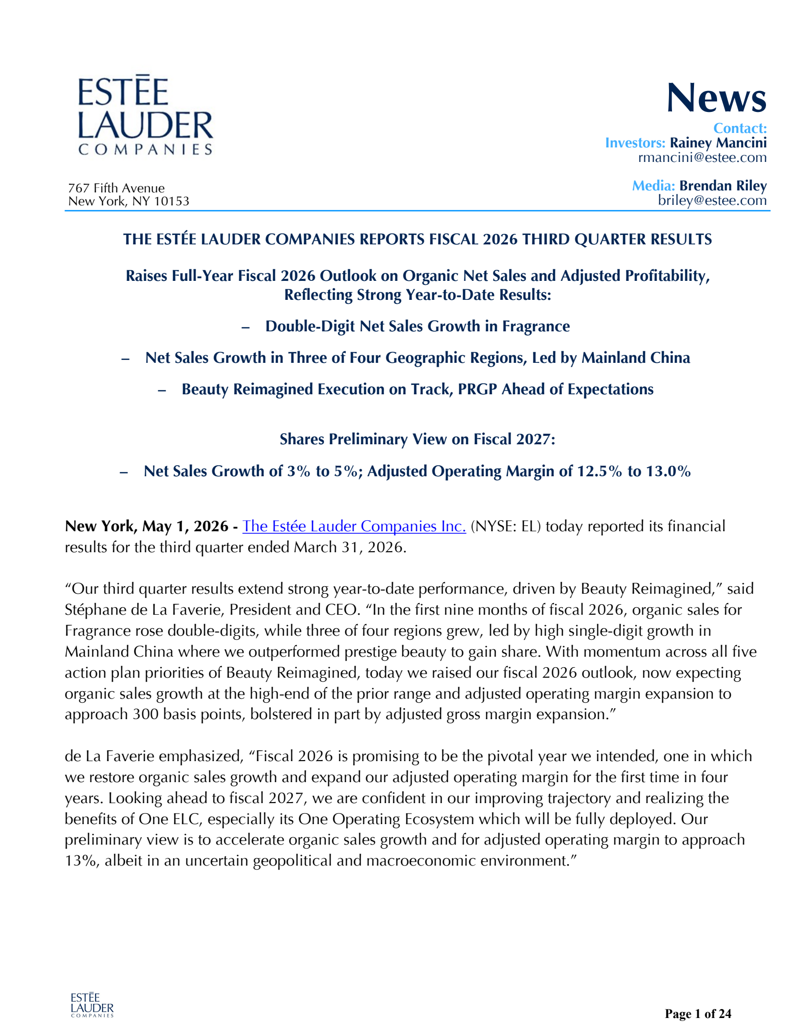 Estee Lauder Companies' Q3 2026 Press Release