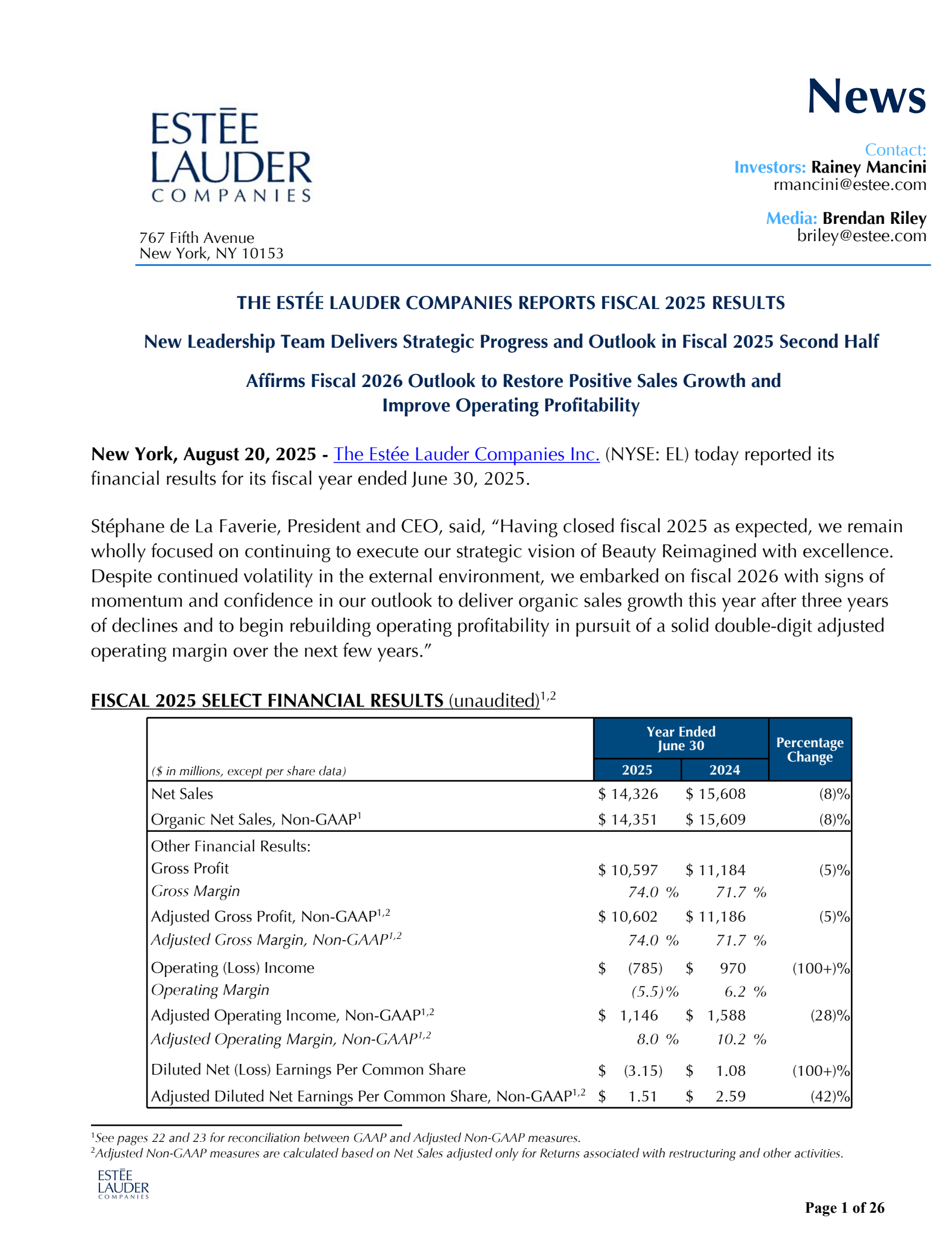 Estee Lauder Companies' Q4 2025 Press Release