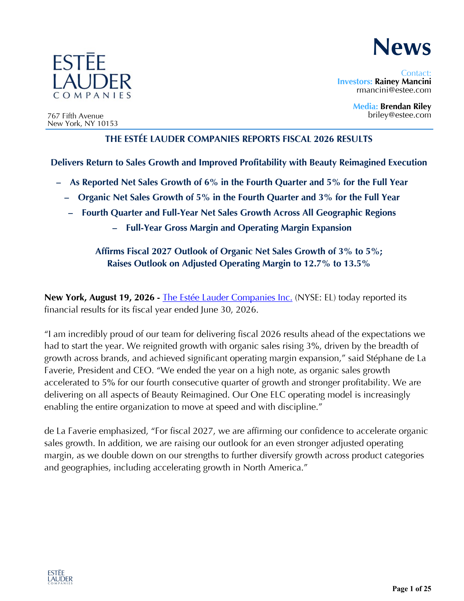 Estee Lauder Companies' Q4 2026 Press Release