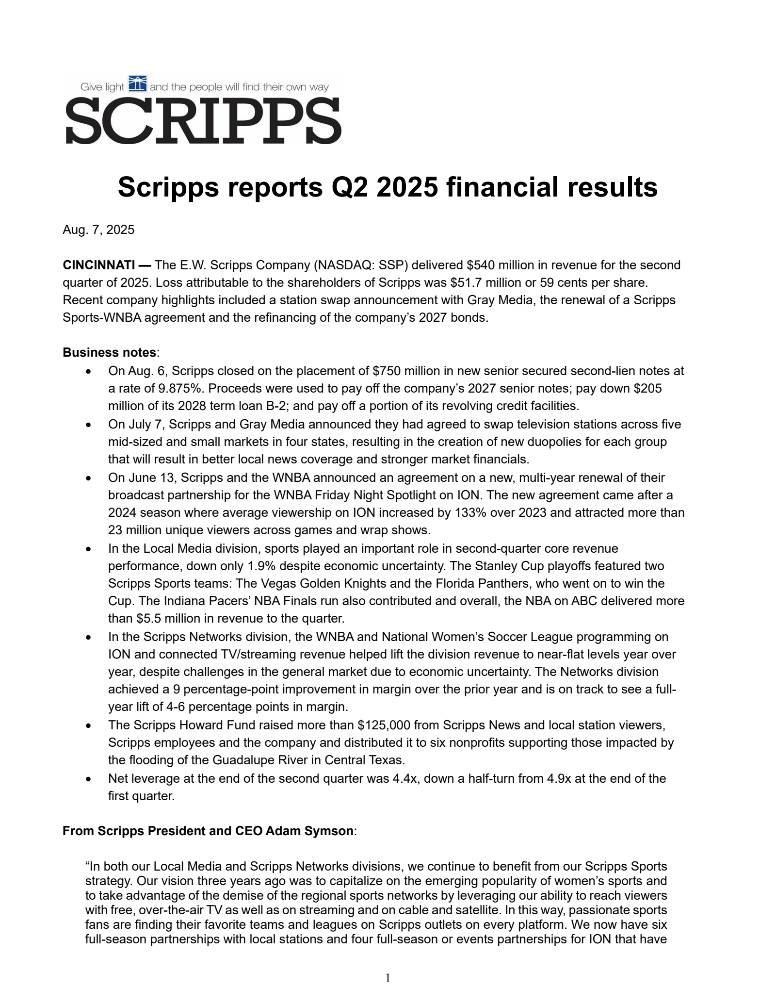 E.W. Scripps' Q2 2025 Press Release