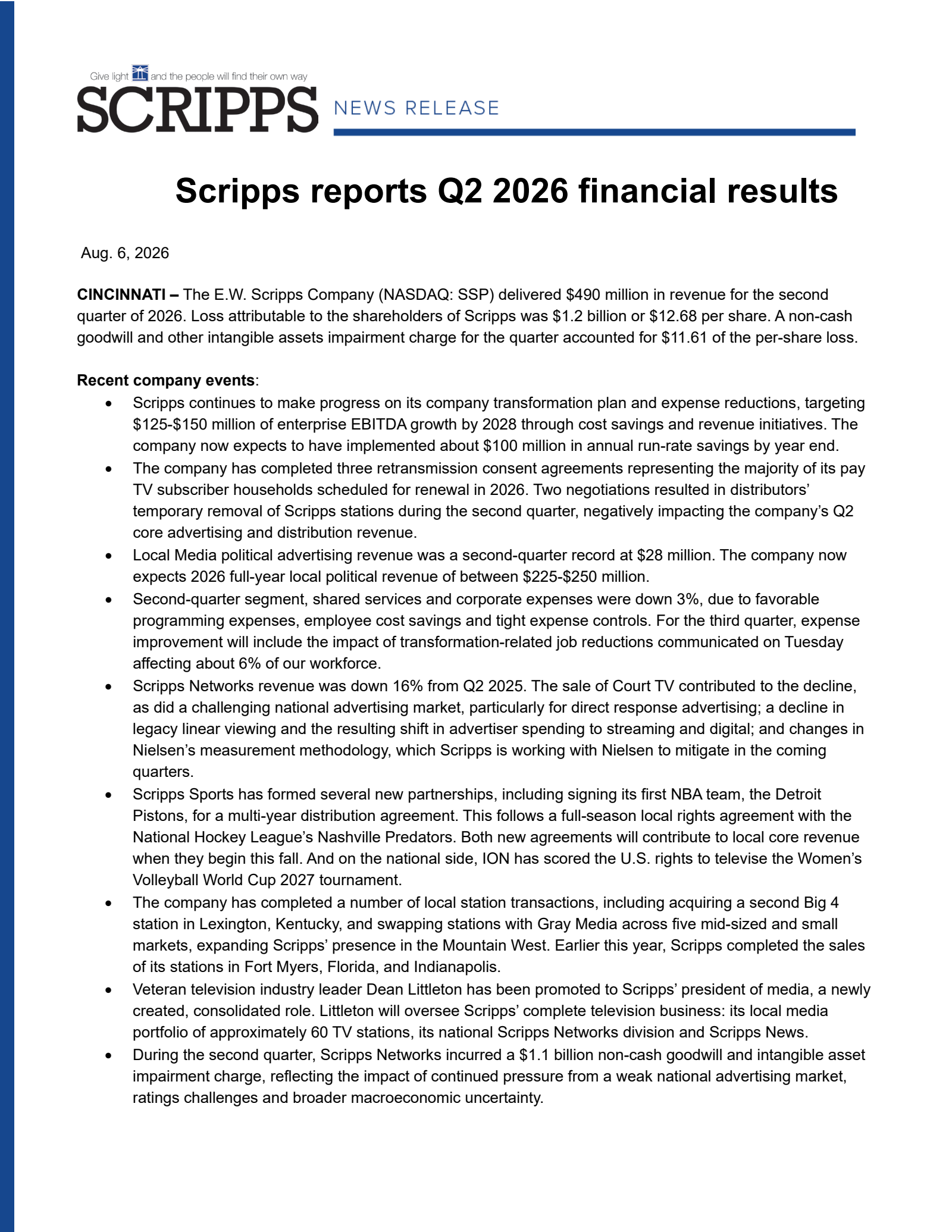 E.W. Scripps' Q2 2026 Press Release