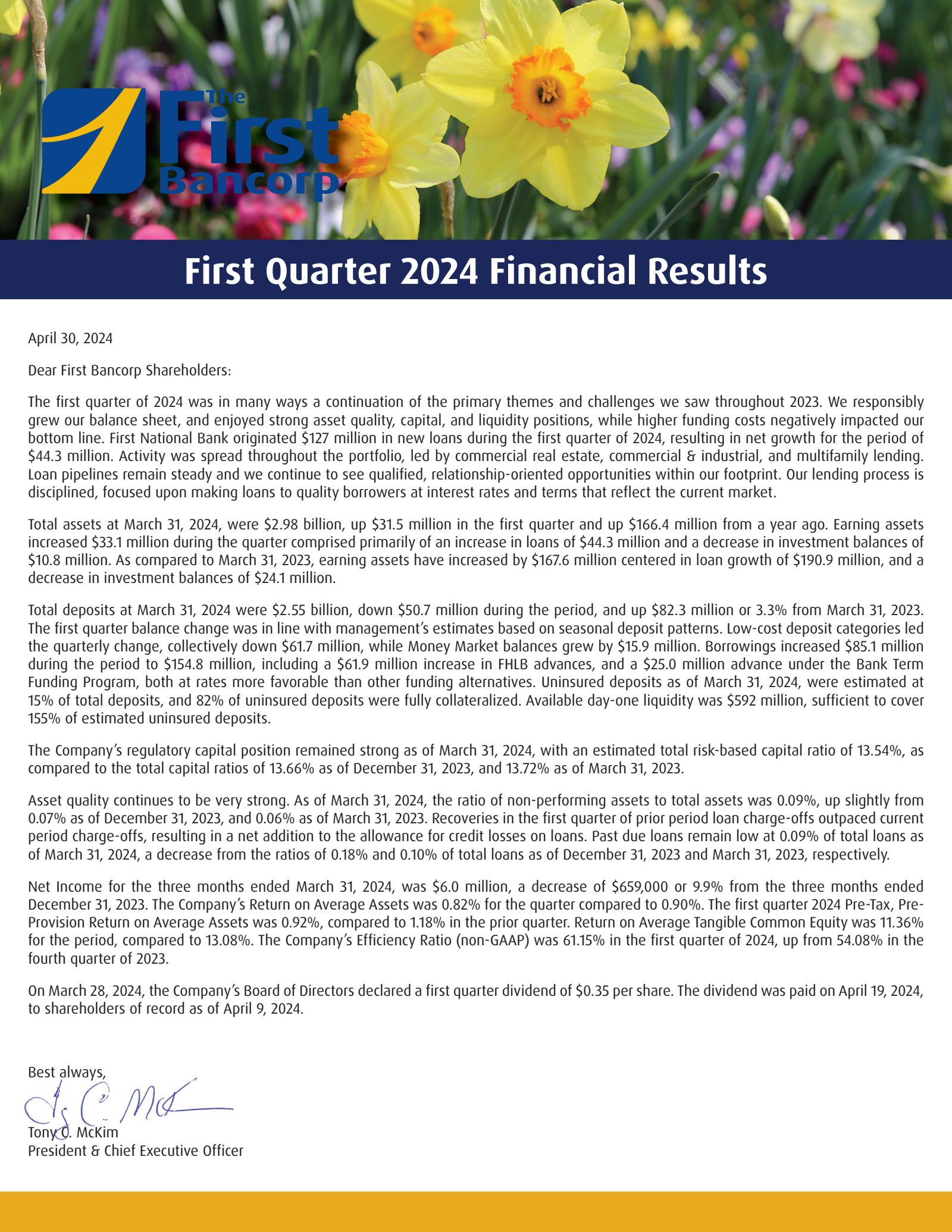 First Bancorp's Q1 2024 Press Release