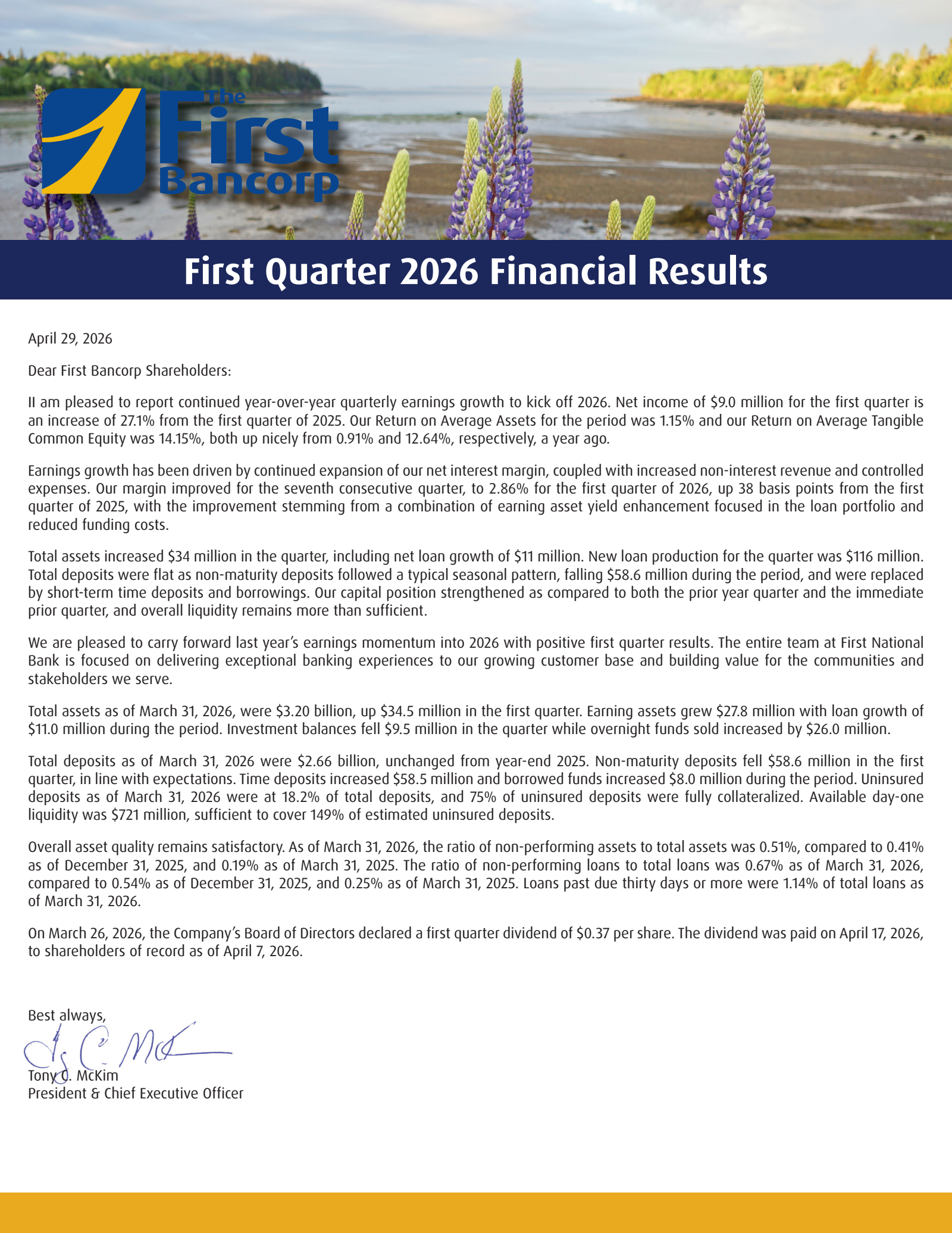 First Bancorp, Inc (ME)'s Q1 2026 Press Release