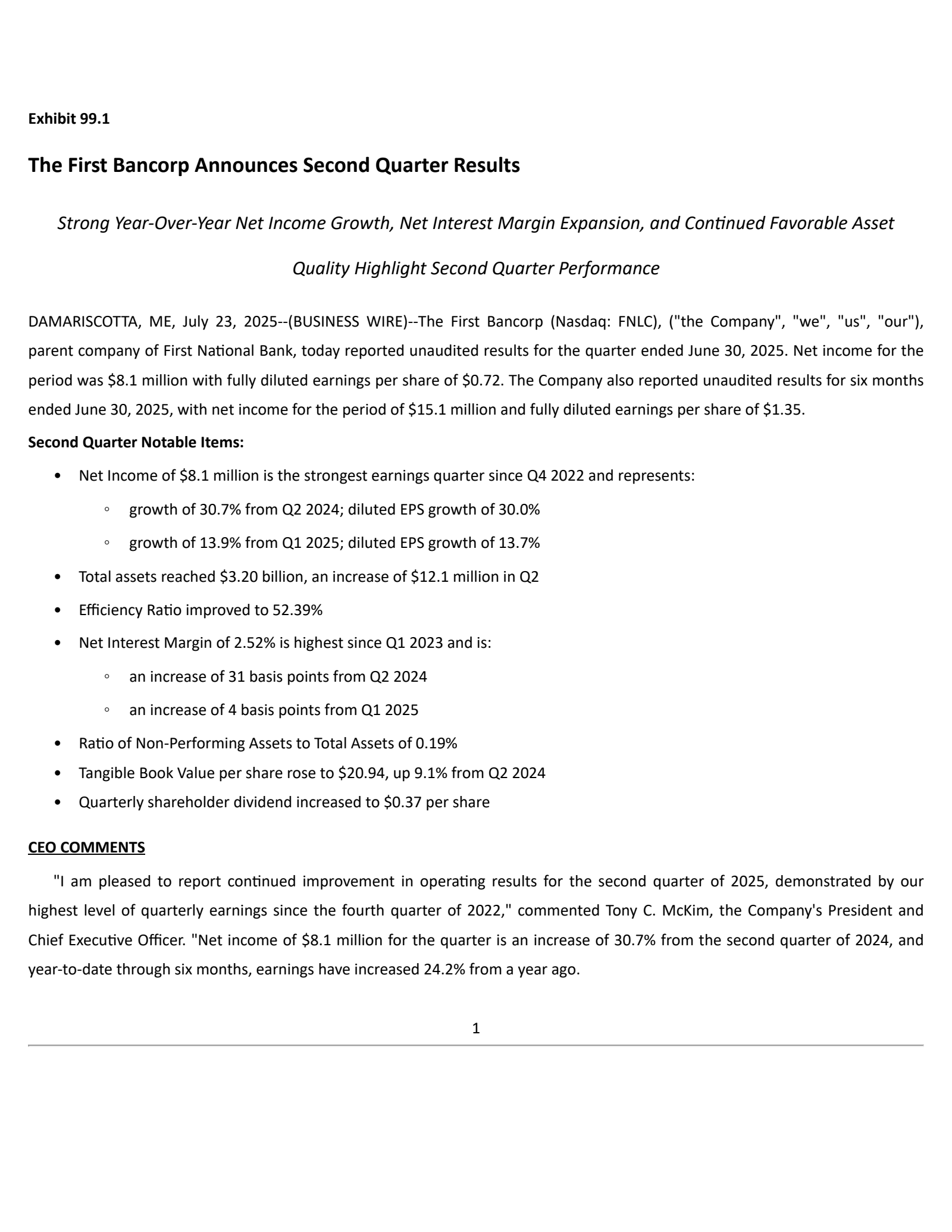 First Bancorp, Inc (ME)'s Q2 2025 Press Release