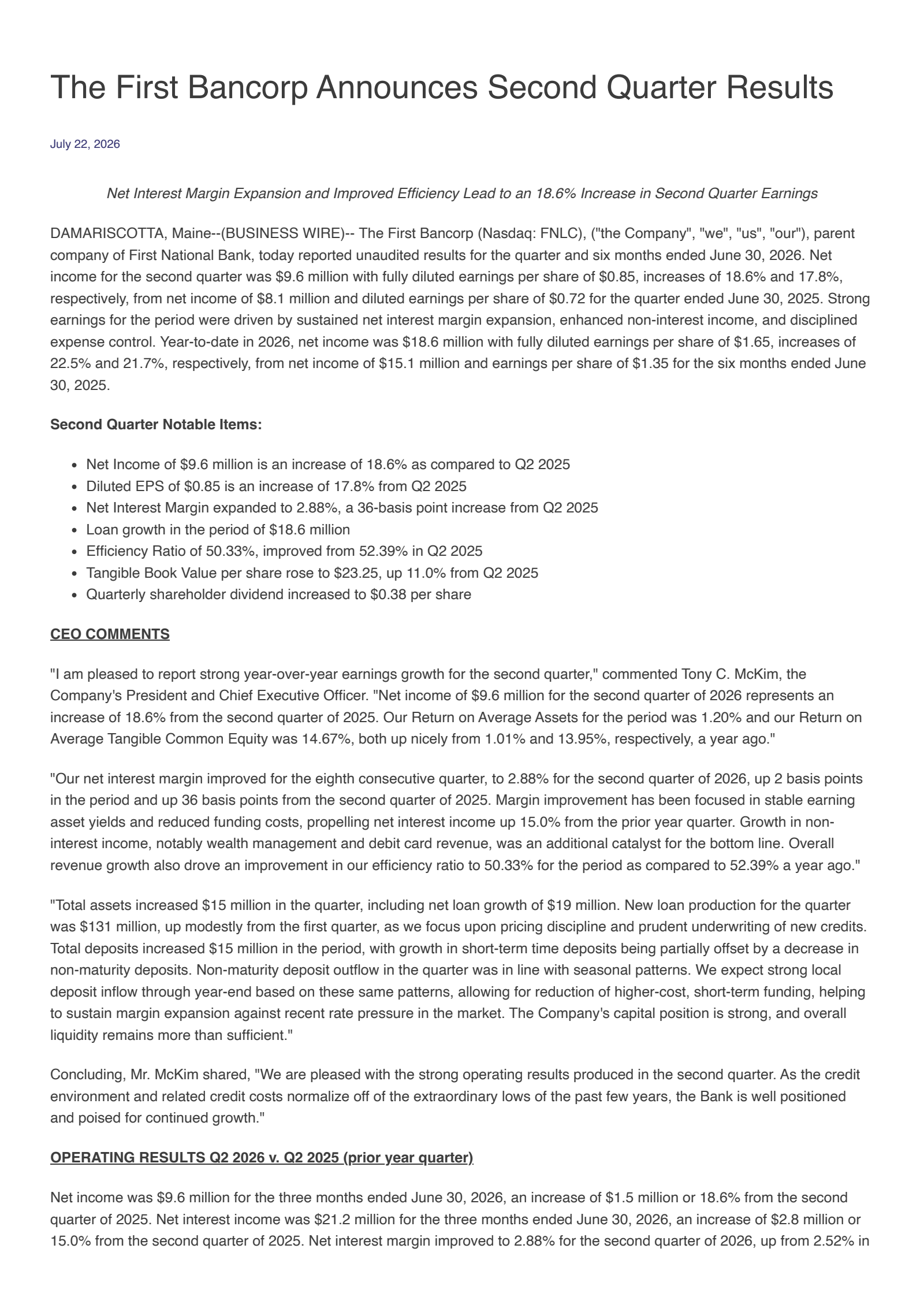 First Bancorp, Inc (ME)'s Q2 2026 Press Release