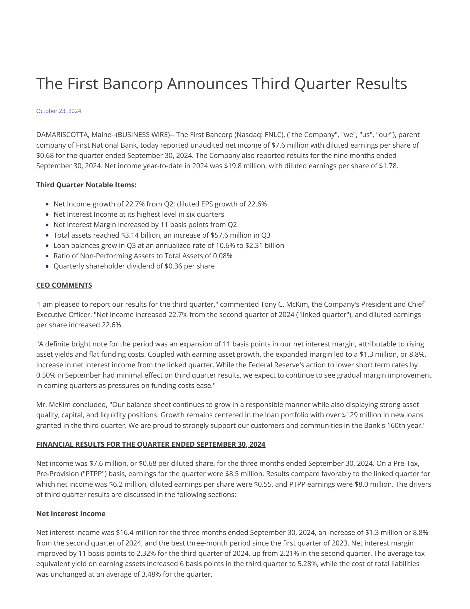 First Bancorp's Q3 2024 Press Release