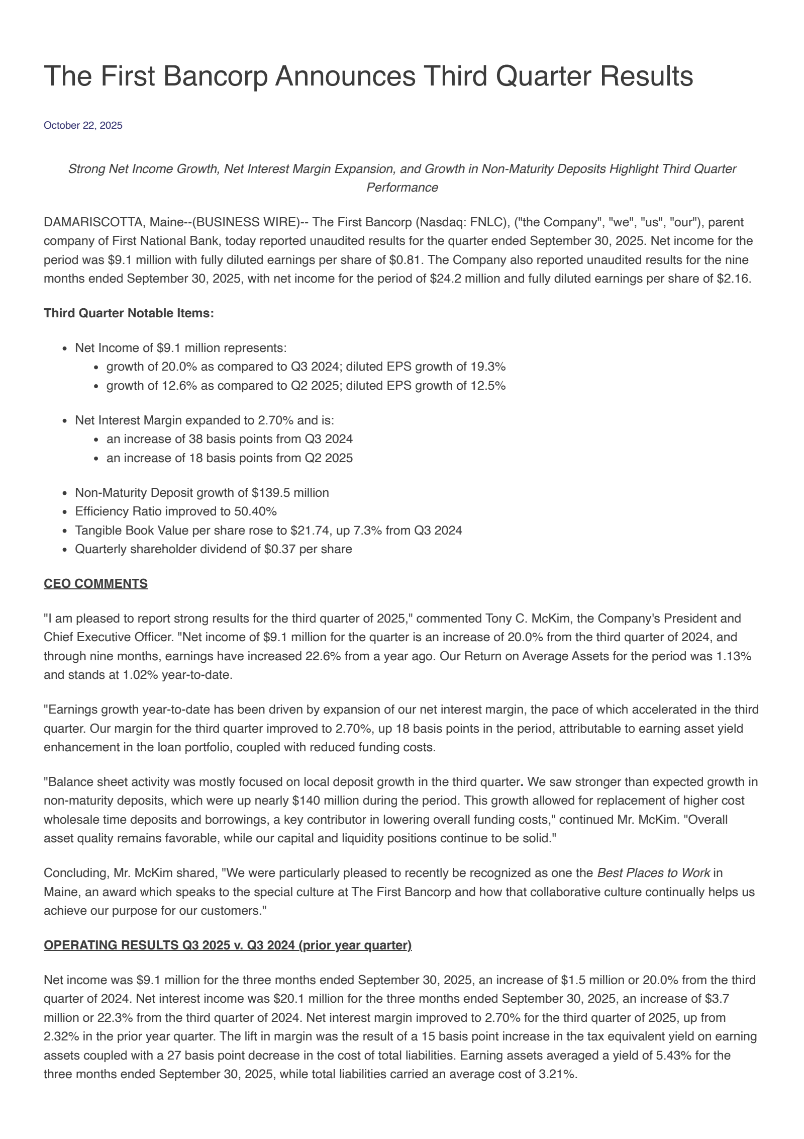 First Bancorp, Inc (ME)'s Q3 2025 Earnings Release