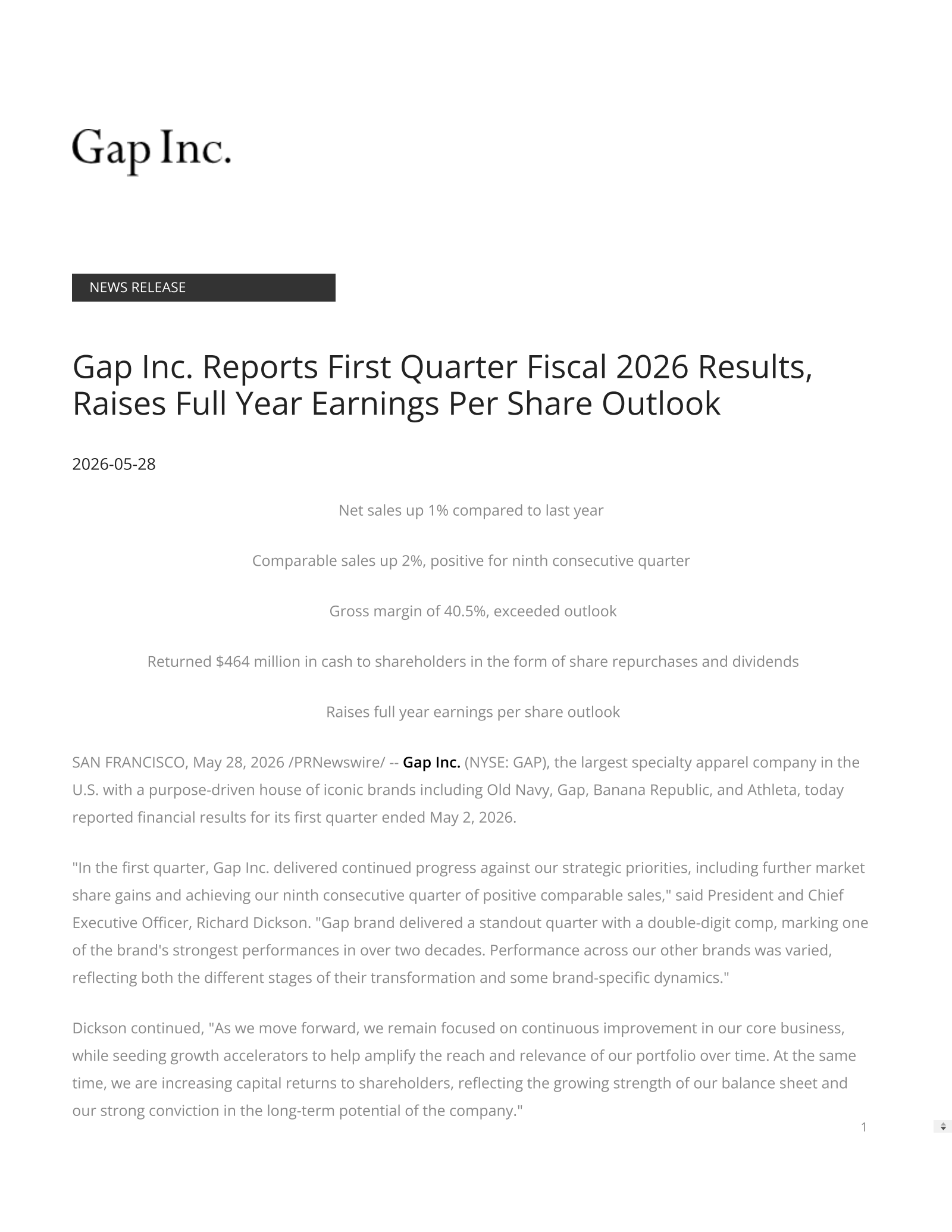 GAP's Q1 2026 Press Release
