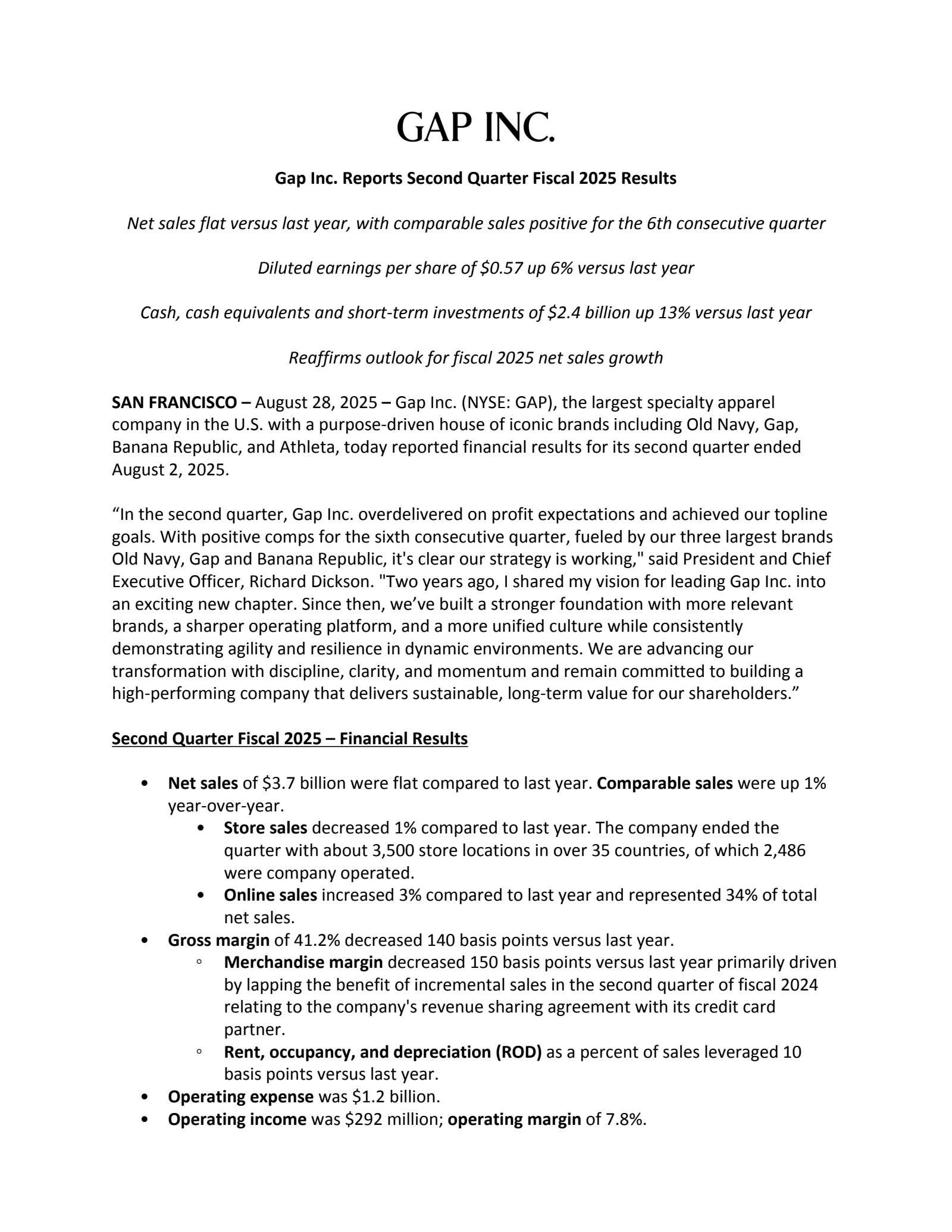 GAP's Q2 2026 Press Release