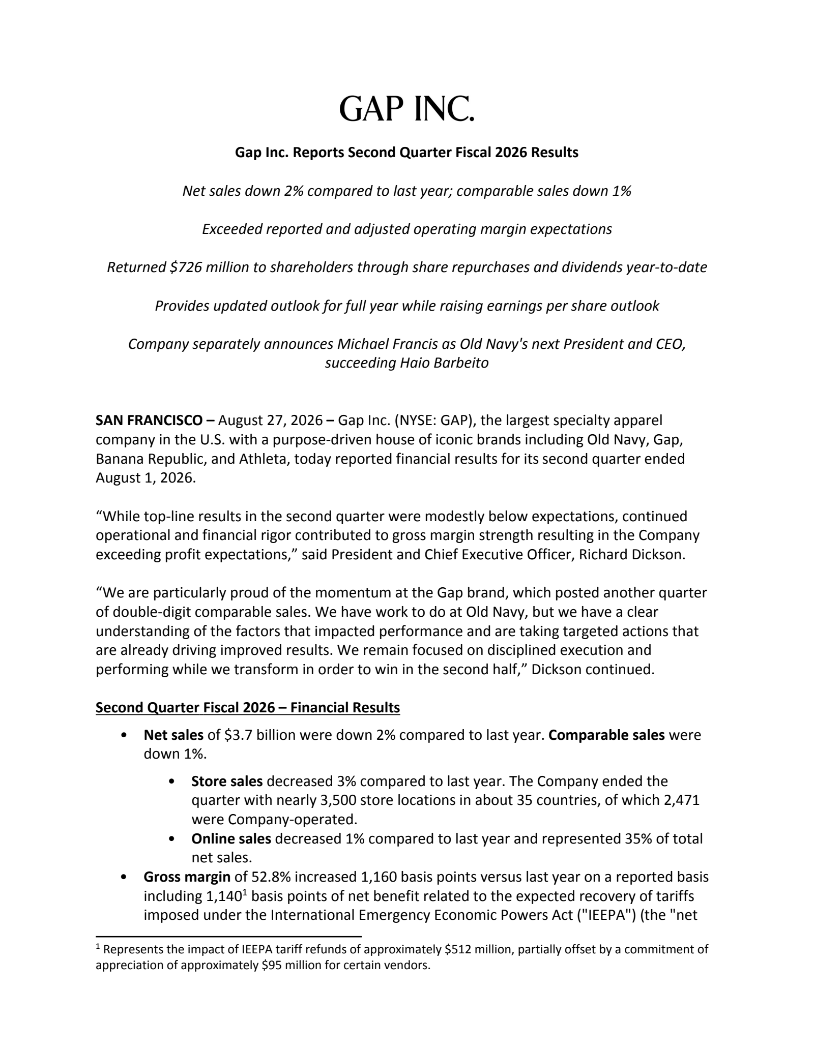 GAP's Q2 2026 Press Release