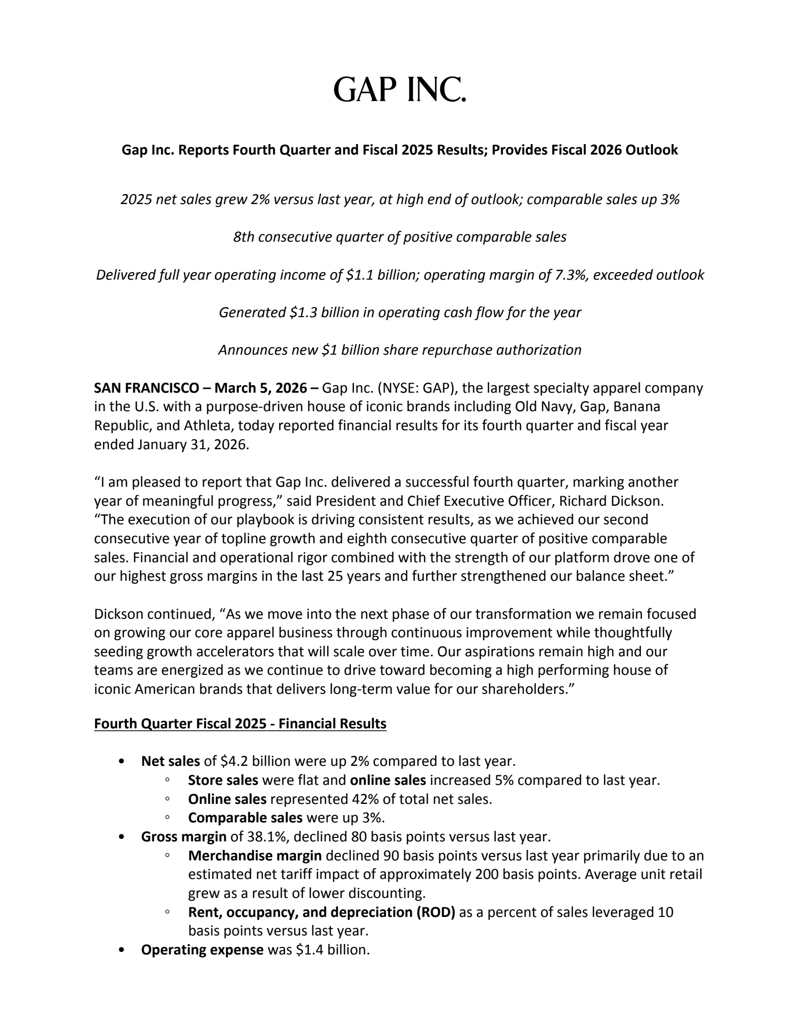 GAP's Q4 2025 Press Release