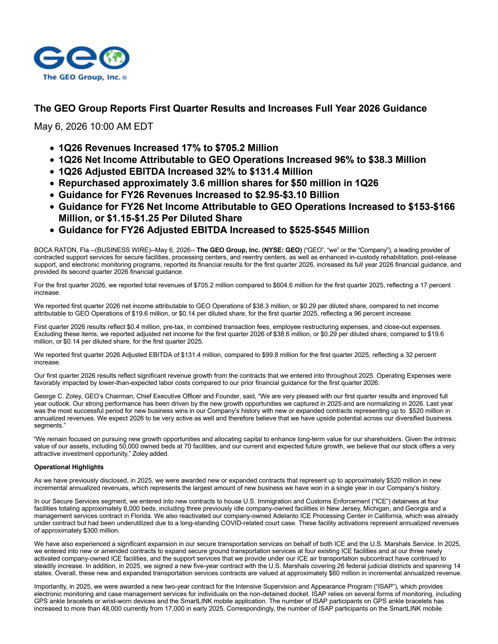 Geo Group's Q1 2026 Press Release