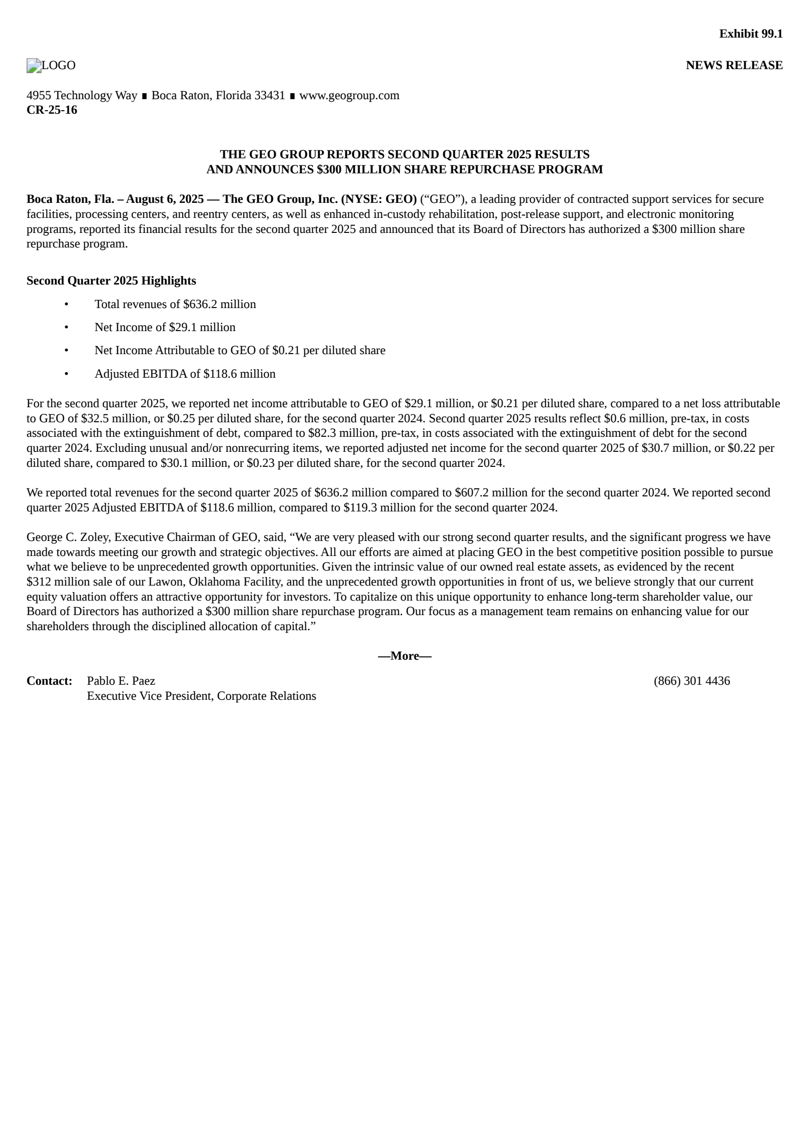 Geo Group's Q2 2025 Press Release