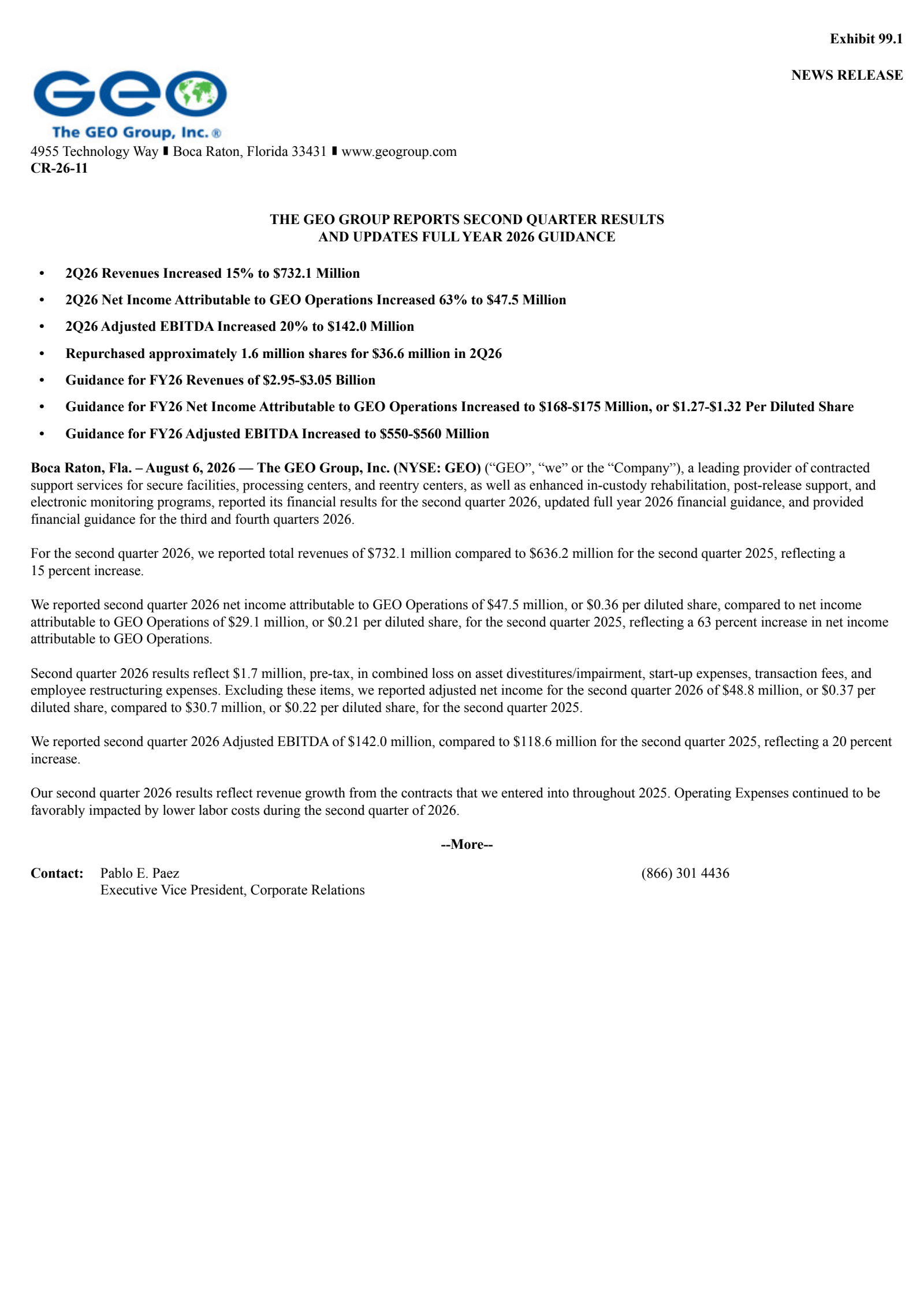 Geo Group's Q2 2026 Press Release