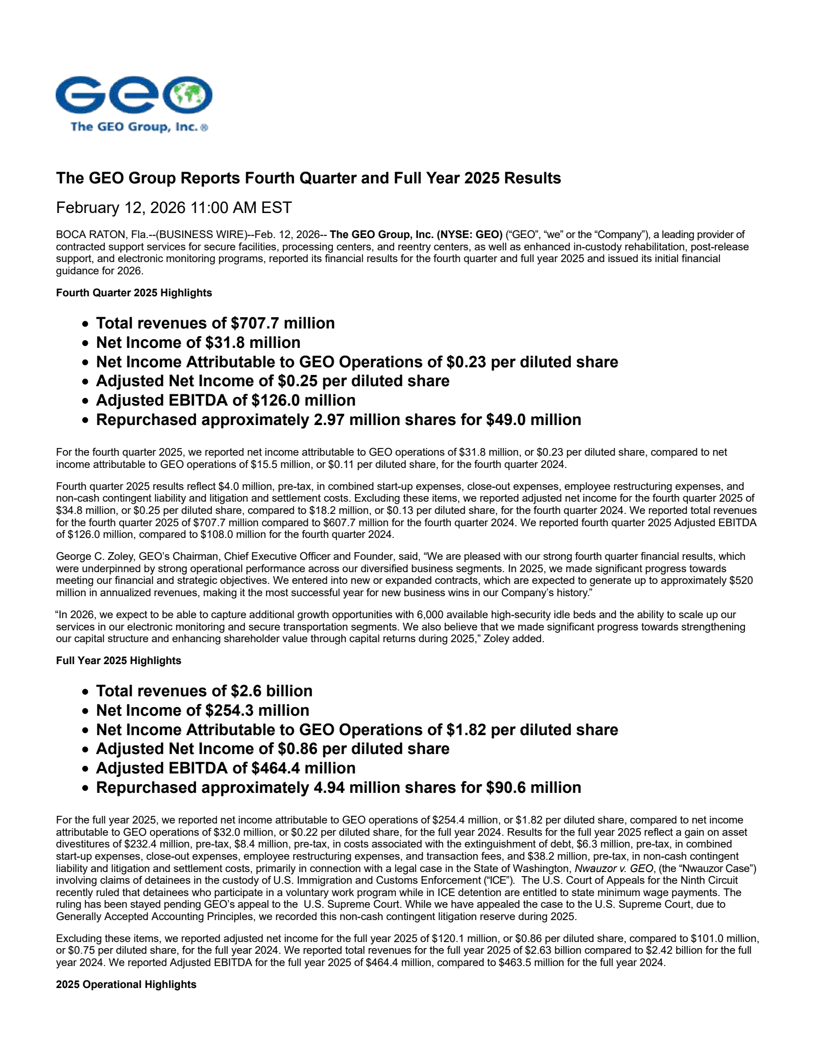 Geo Group's Q4 2025 Press Release